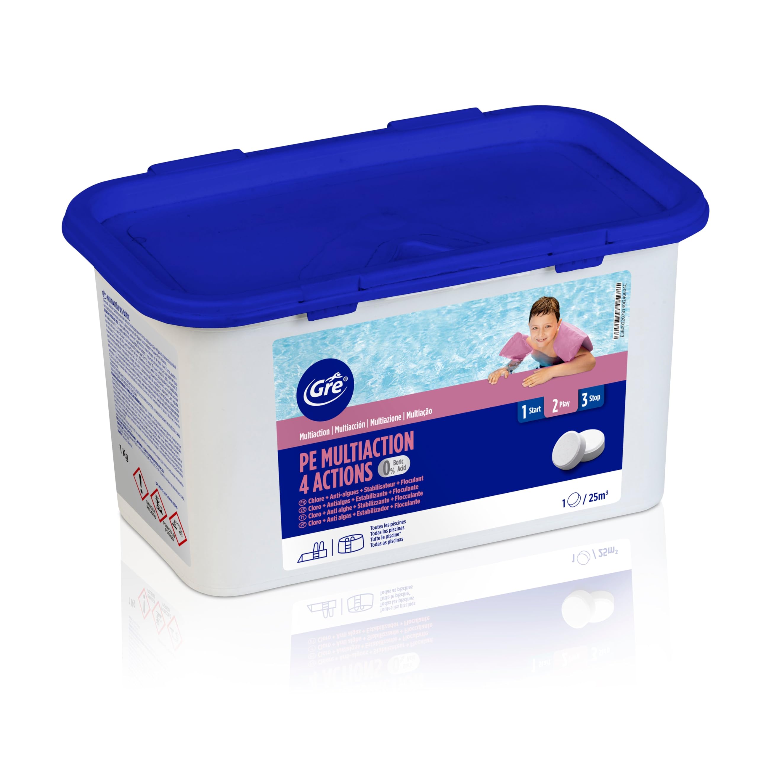 GRE 76007NB -Tabletas de Cloro Multifunción 4 Acciones: Desinfección, Antialgas, Floculante y Estabilizador. Tratamiento y Limpieza Integral de Piscinas. Tabletas 250 gr, 1 kg
