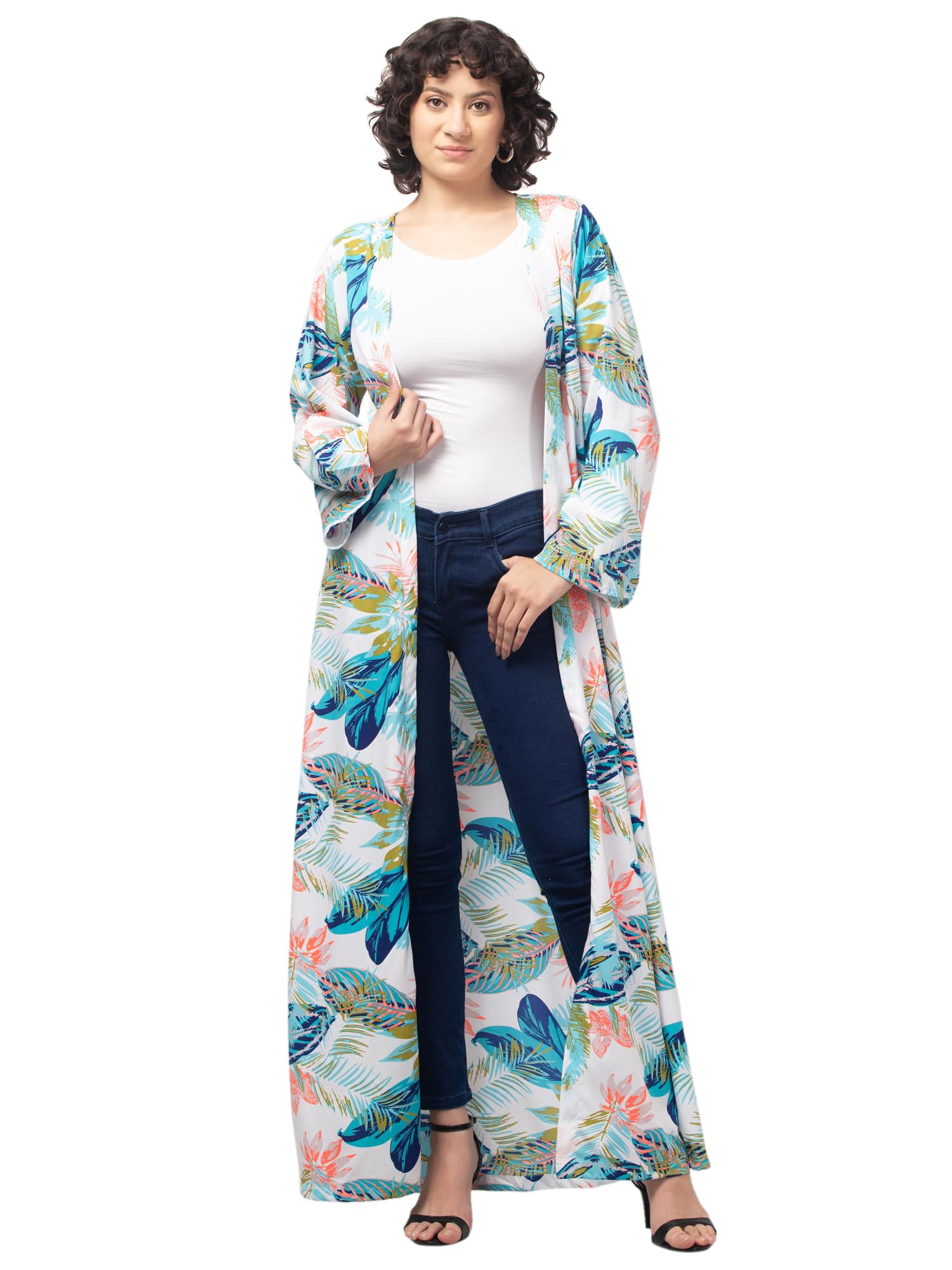 Women's Tropical Print Long Kimono Abaya, Open Front Maxi Cardigan, Blue and White Floral Leaf Pattern-image-28