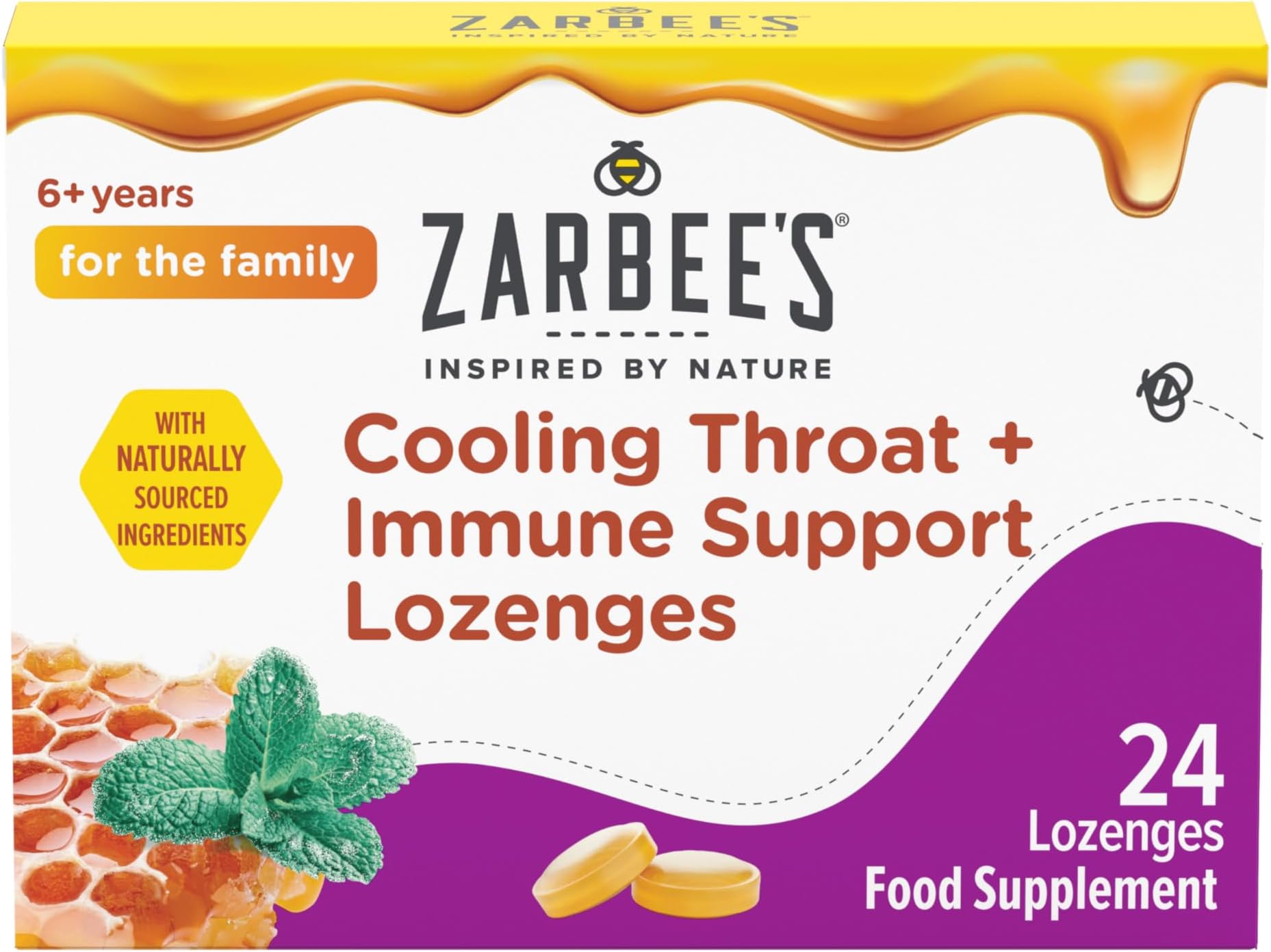 Zarbee’s Cooling Throat + Immune Support Lozenges, Calm and Cool your Throat (24 count) Real Honey, Peppermint Oil Extract with Vitamin C and Zinc, No Artificial Colours or Flavours