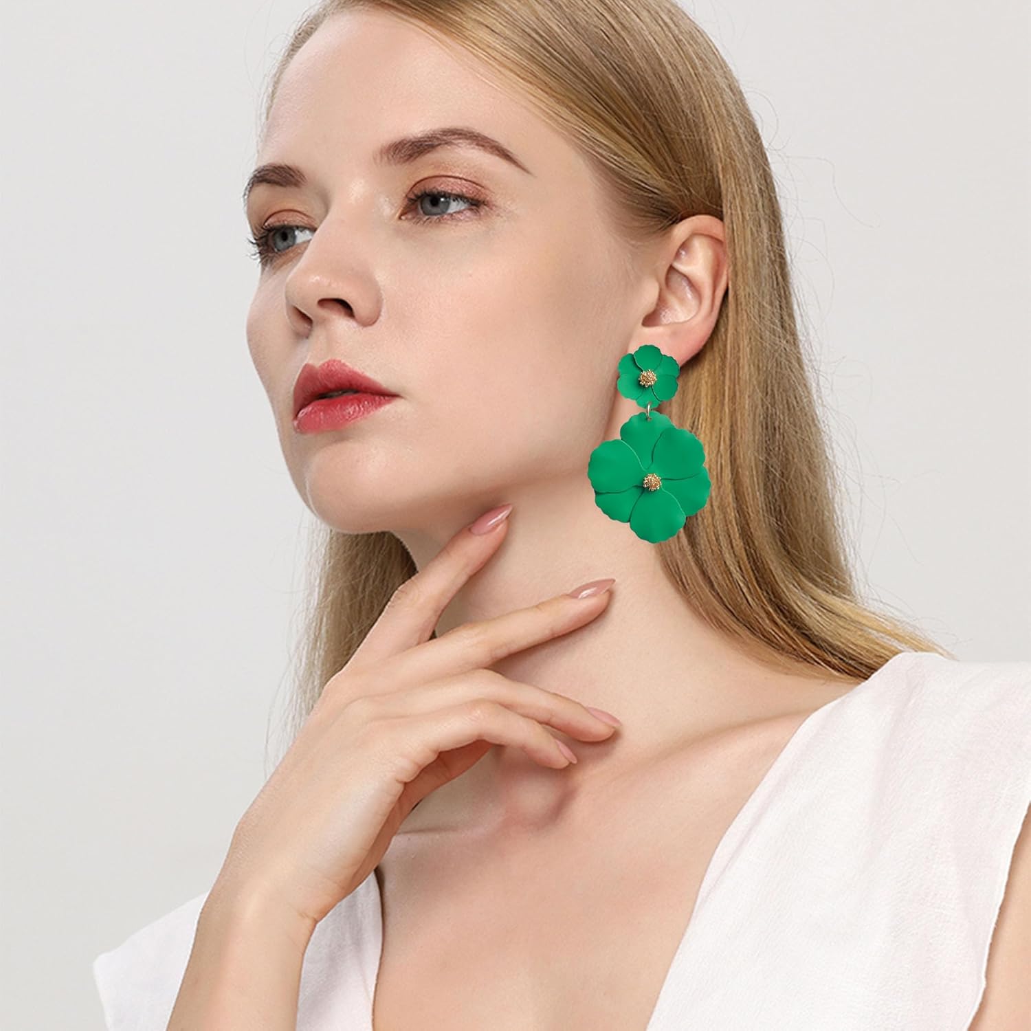 White Summer Flower Floral Dangle Earrings Boho 2 Layered Floral Petal Drop Statement Stud Earring for Women Jewelry - Image 2