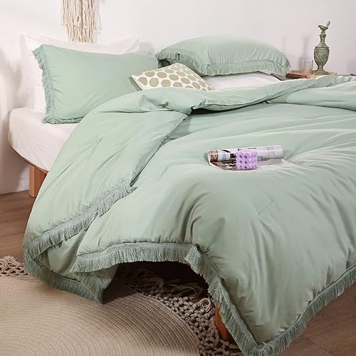 Smoofy Queen Comforter Set Sage Green Tassel Boho Bohemian Cute Soft Fringe Tufted Microfiber Bedding Sets Modern Style for Men and Women (1Comforter + 2 Pillowcases)