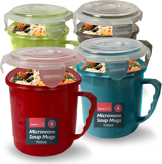 4pk Soup Containers with Lids | Microwavable Soup Mug with Lid | 700ml Microwave Bowl Soup Storage Containers | Dishwasher Safe Soup Cup | Soup Mugs Microwavable for Home & Office with Leak Proof Lids