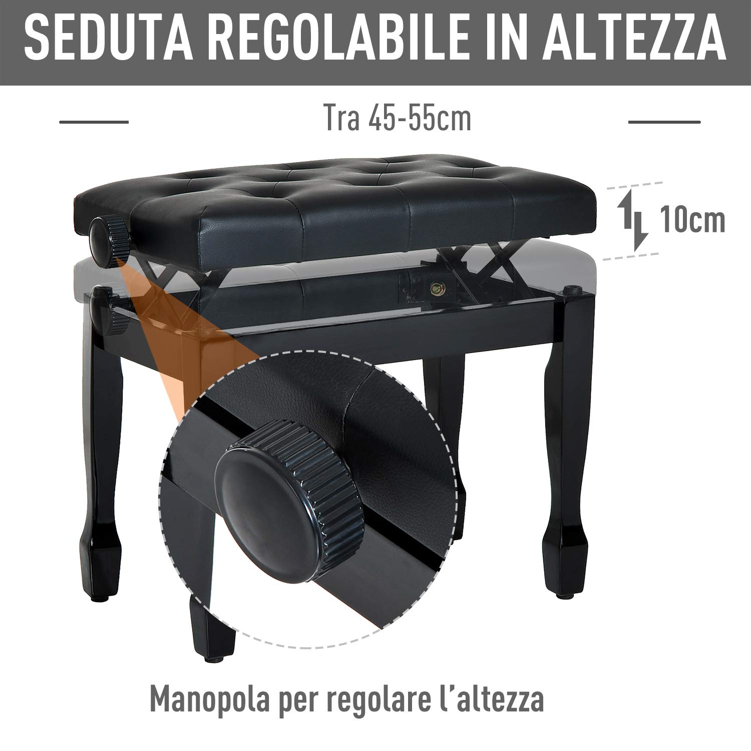 HOMCOM Sgabello Panca per Pianoforte con Altezza Regolabile 45-55cm, in Legno e pelle PU Nera