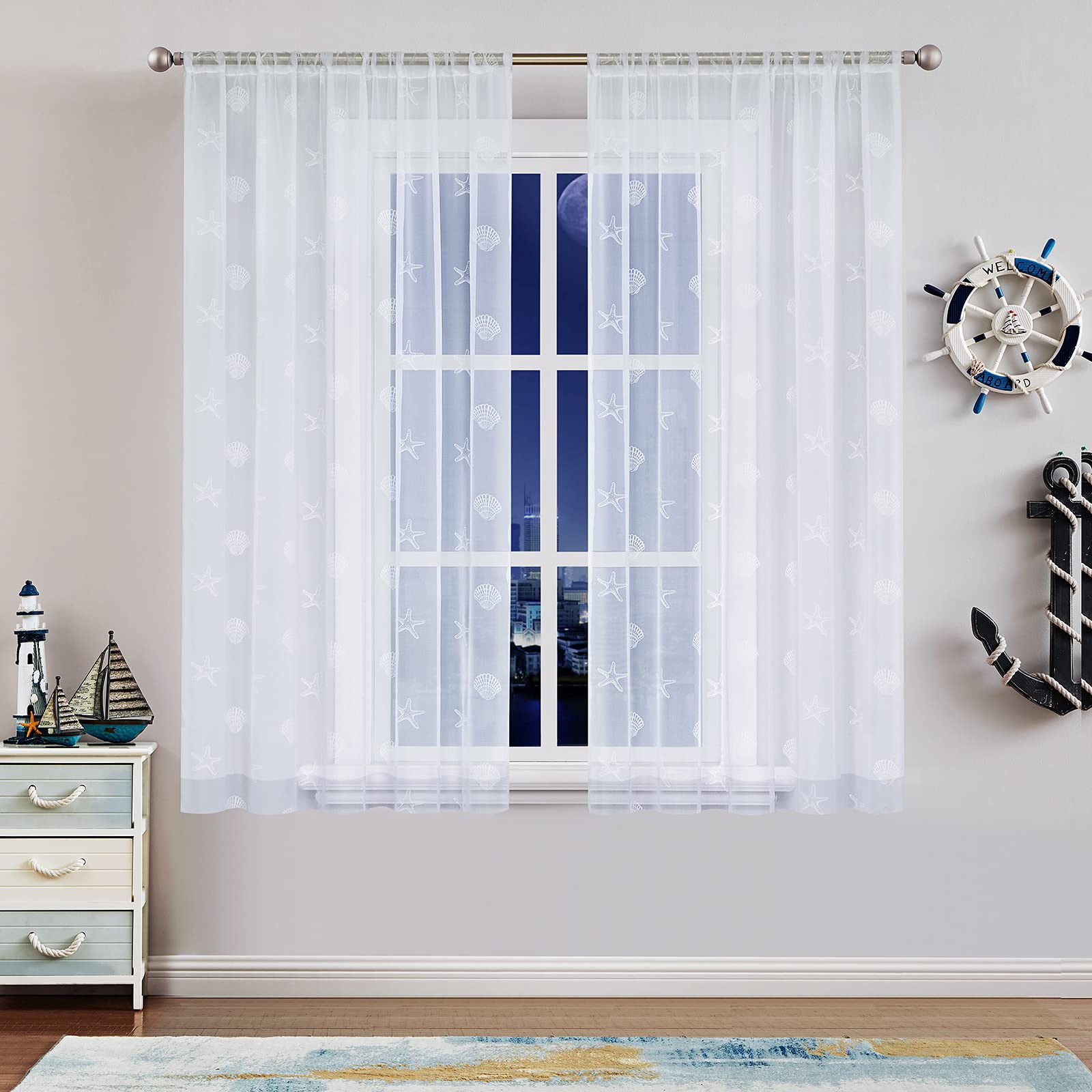 Buy jinchan White Seashell Starfish Pattern Sheer Curtains Nautical