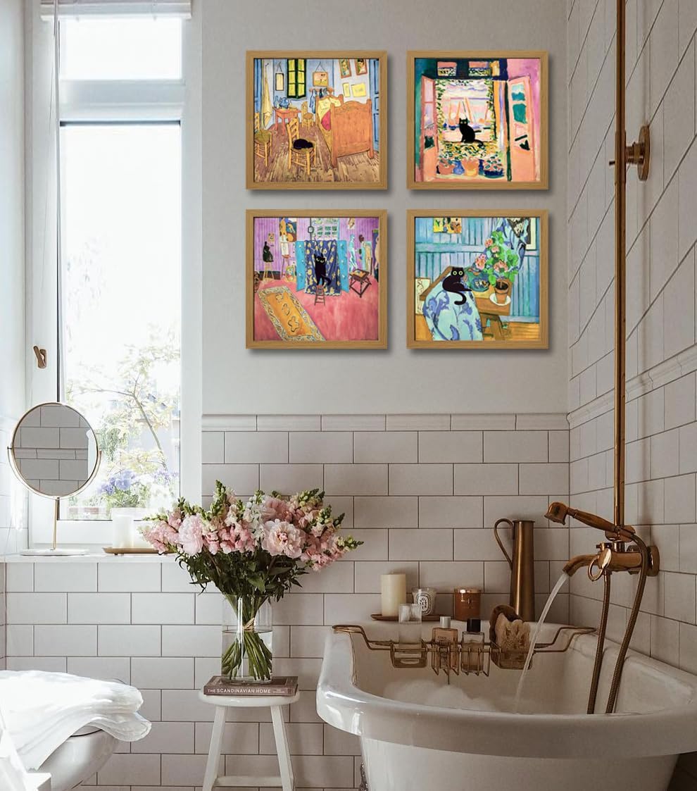 Matisse Cat Wall Art, Framed Abstract Colorful Canvas Prints, Henri Matisse Inspired Aesthetic Posters Black Cat Wall Decor for Living Room, Bedroom, Bathroom 11x11 Inch
