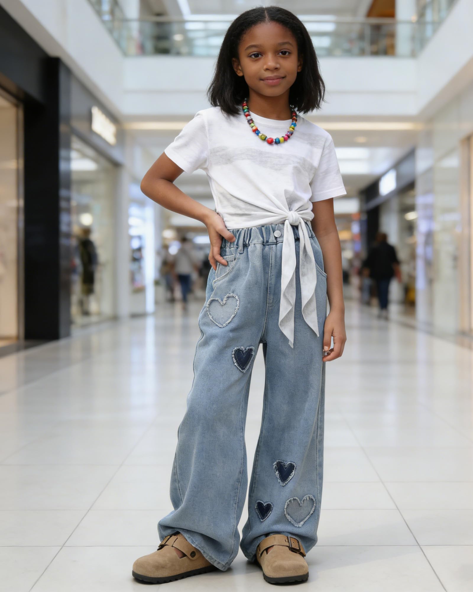 SANGTREE Girls Wide Leg Jeans Elastic Waist Denim Pants Baggy Jeans for Girls, 6-14 Years