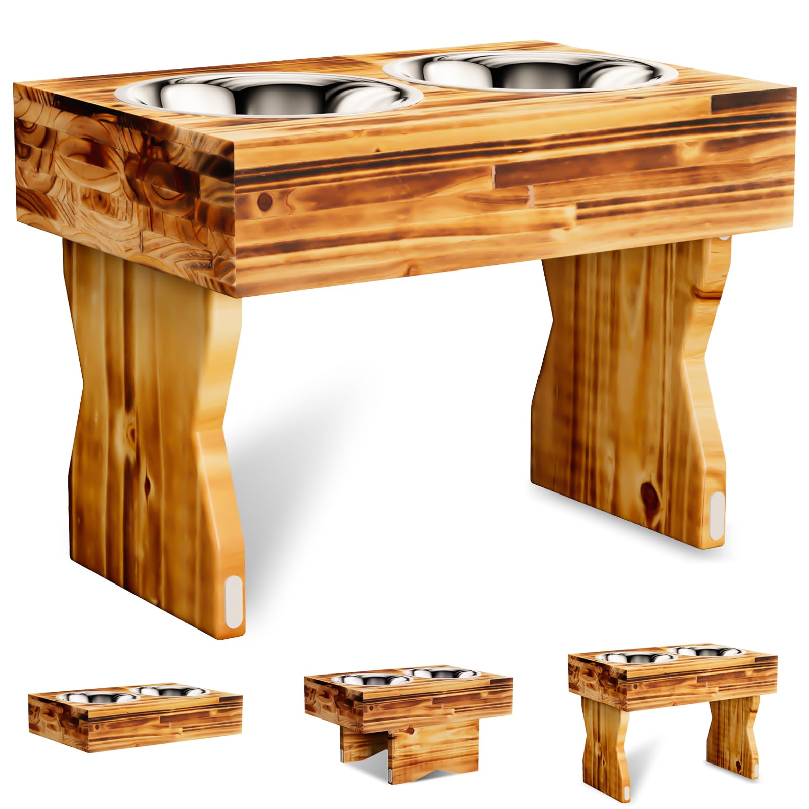 Photo 1 of (READ FULL POST) Elevated Dog Bowls for Small and Medium Dogs, Solid Wooden Raised Dog Bowl Stand with 2 Stainless Steel Bowls, 3 Height Adjustable Dog Feeding Station
