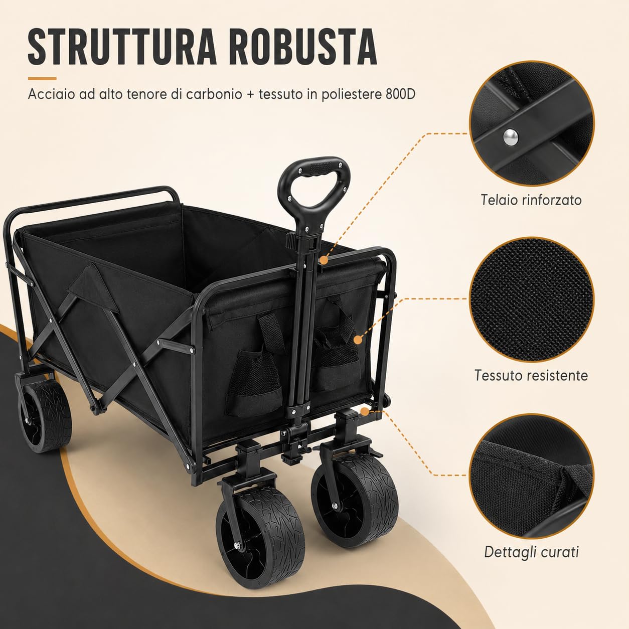 Carrello pieghevole, 115 kg, con due freni anteriori e tasche laterali