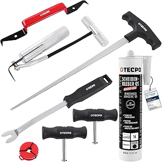 TECPO Scheibenausbauwerkzeug Set 9-teilig, 1x Scheibenkleber 290ml mit Schneidedraht, Durchstehahle, Lösewerkzeug für Windschutzscheibe Reparatur Montage Reparaturset Steinschlag Autoglas Ausbau