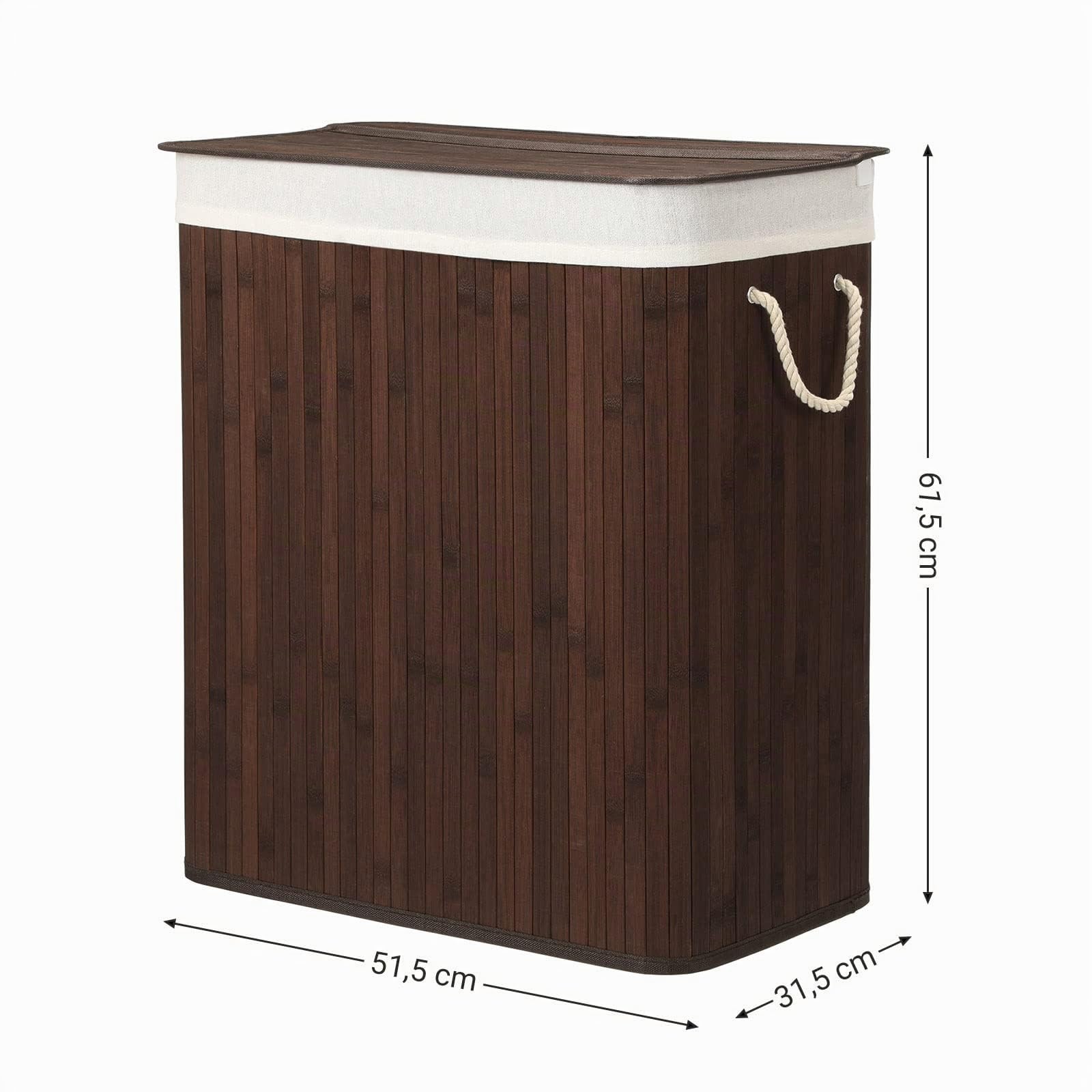 SONGMICS Cesto Ropa Sucia, 100 L, Cesta Colada 2 Clasificaciones, con Tapa, Bambú, con Asas, Plegable, Bolsa Interior Extraíble y Lavable a Máquina, para Lavandería, Dormitorio, Marrón LCB72Z