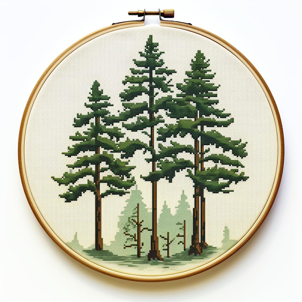 Generic Pine Trees 11CT Stamped Cross Stitch Kits Easy for Beginners Child with Hoop DIY Needlepoint Counted Embroidery Kits Art Craft Wall Decor 12x12IN(4)