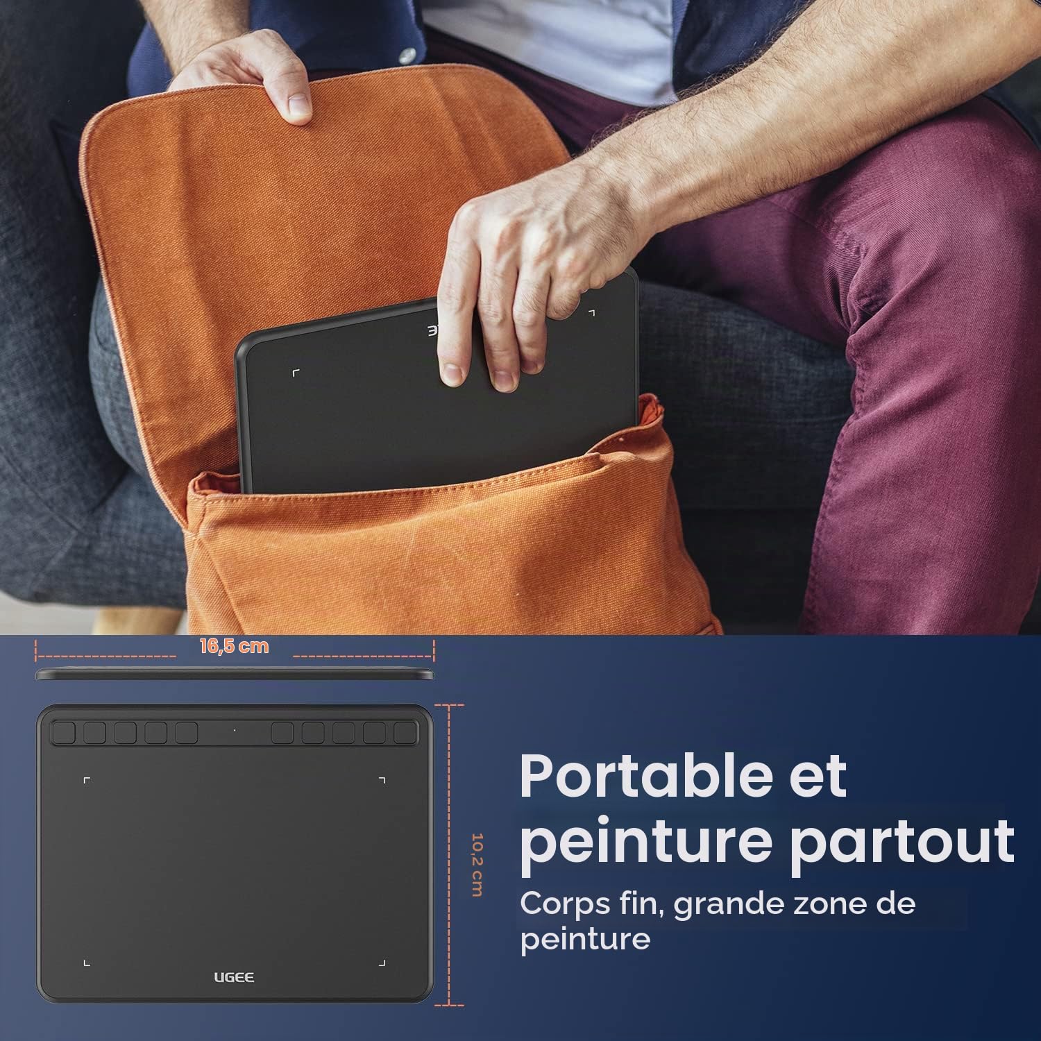 UGEE Tablette Graphique S640 Tablette de Dessin numérique Ultra-Mince Portable avec Fonction d'inclinaison du Stylet sans Batterie de 8192 Niveaux 10 Touches Express pour débutant