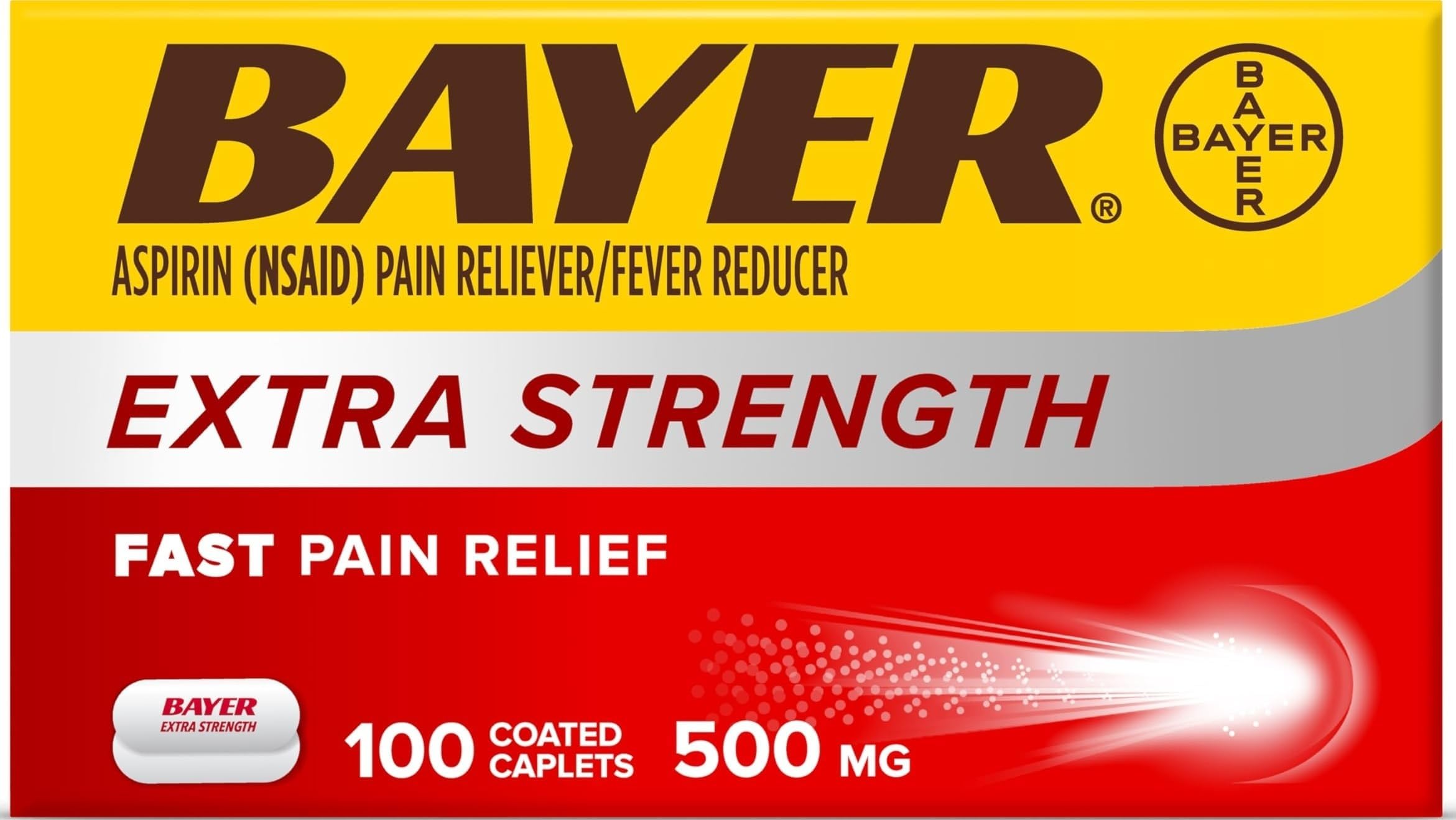 Bayer Aspirin Extra Strength, Aspirin 500mg, Pain Relief Pills, Fever Reducer and Headache Relief for Adults, 100 ct