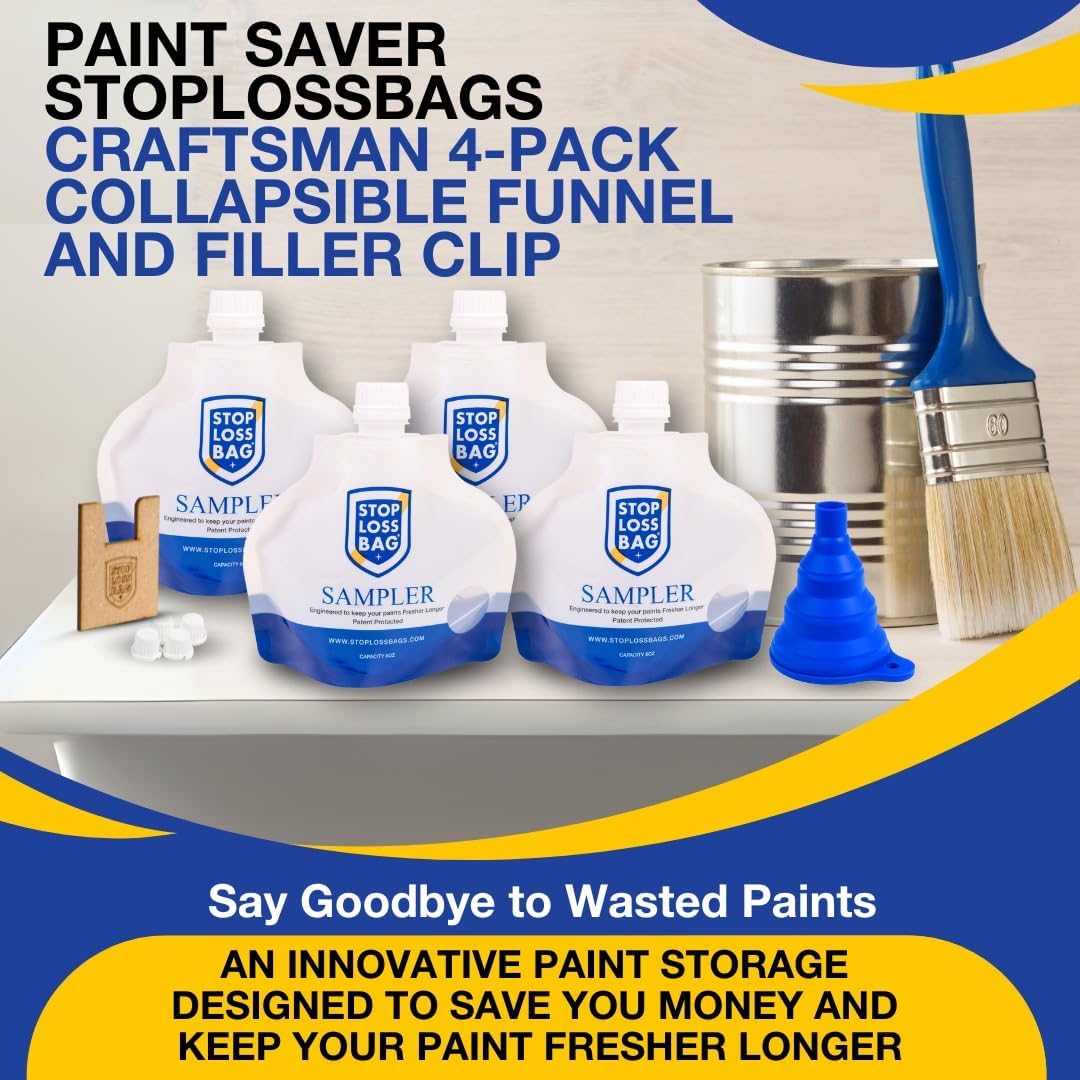 StopLossBags Steward Paint Storage Bundle – 8×1L Airtight Paint Bags + 8×6oz Sample Pouches + 2 Collapsible Funnels + 2 Filler Clips - Reusable, Space-Saving, Easy-Pour Storage for Paint