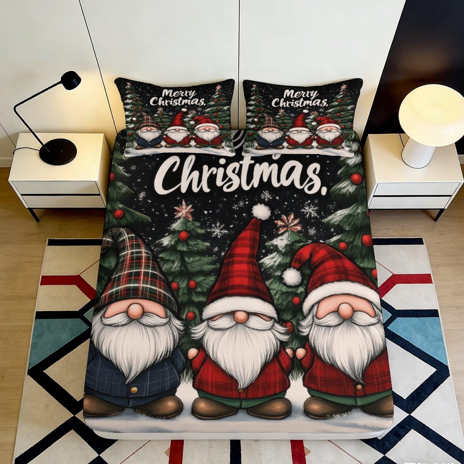 3D Printed Christmas Gnomes Fitted Sheet Microfiber Soft Durable Merry Xmas Bed Cover for Bedroom Dormitory Guest Room Mattress Protection 180x200x25cm