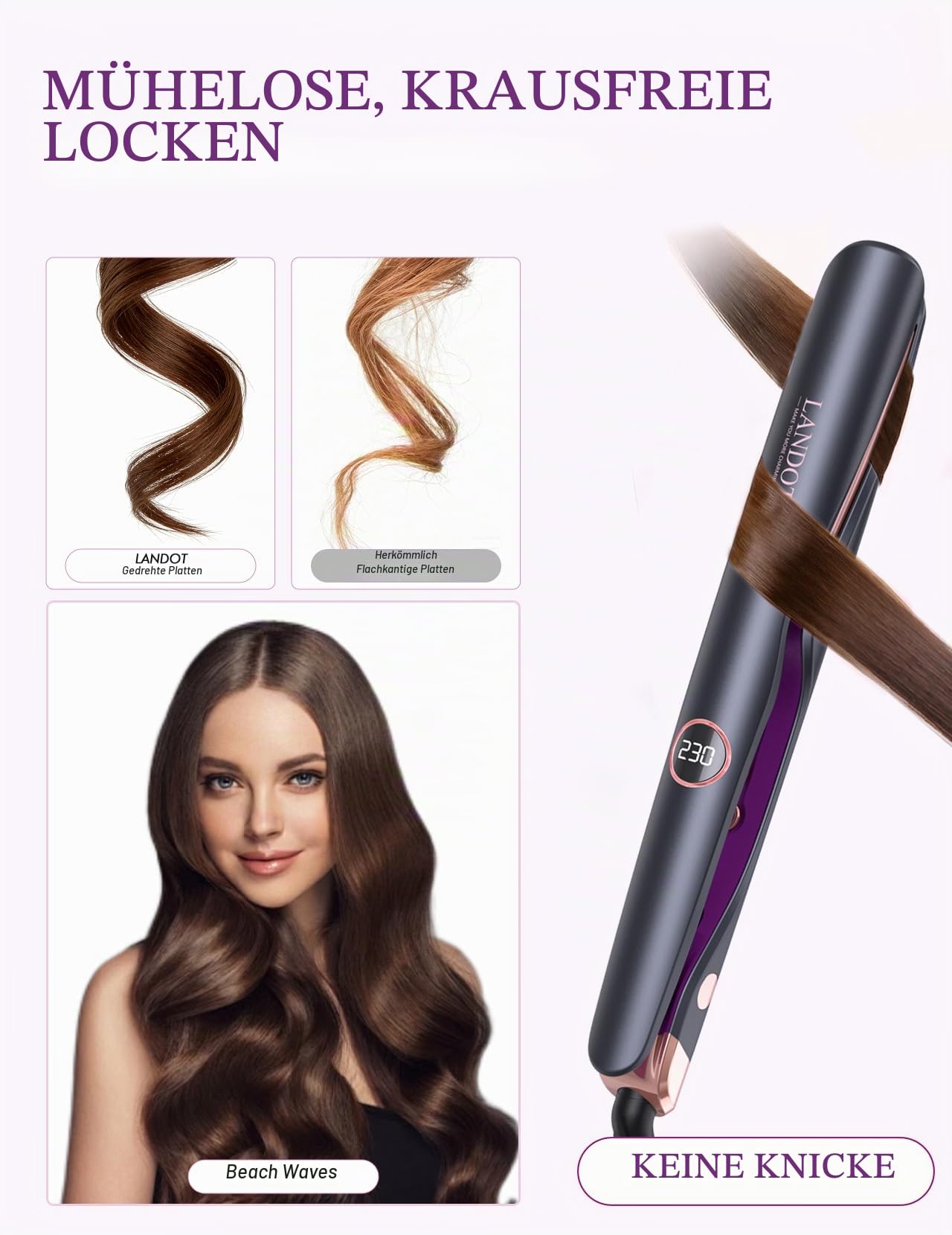 LANDOT 2-in-1 Lockenstab & Glätteisen, 120-230°C, für Wellen & Glätten | Geschwungene Platten für Locken und glattes Haar, Schnelle Aufheizung, schonende Keramikbeschichtung. für alle Haartypen