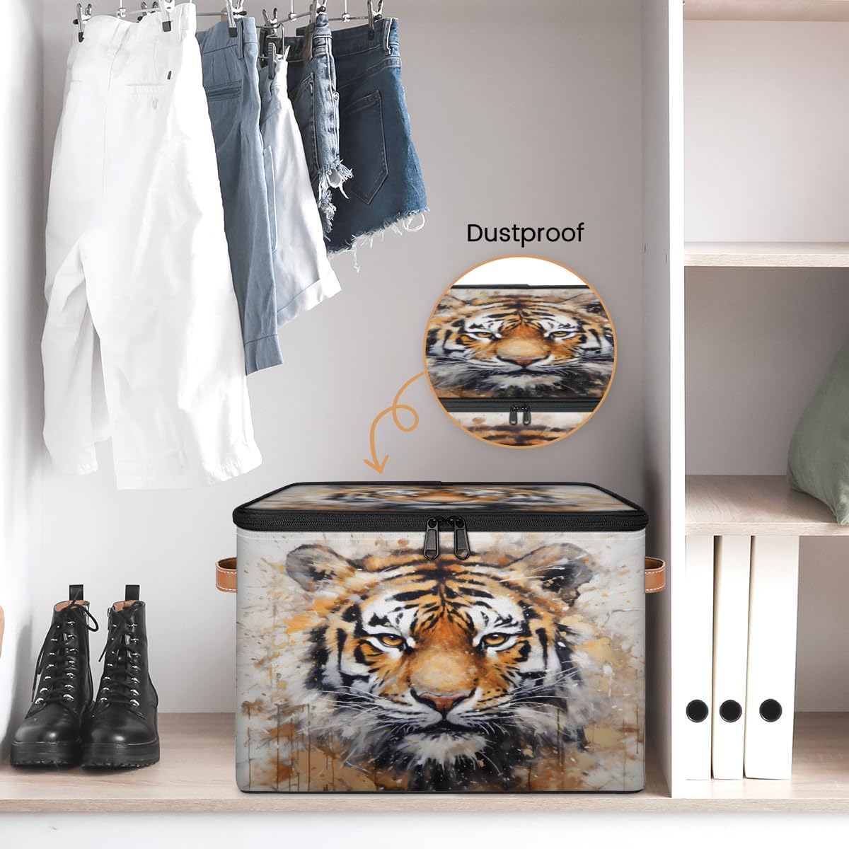 Storage Bin Set of 2 3D Tiger Storage Basket with Zipper Lid & Handle Foldable Closet Shelf 2 Pack Cloth Organizer Basket Cube Bins Clothes Organizer for Bedroom, Nursery