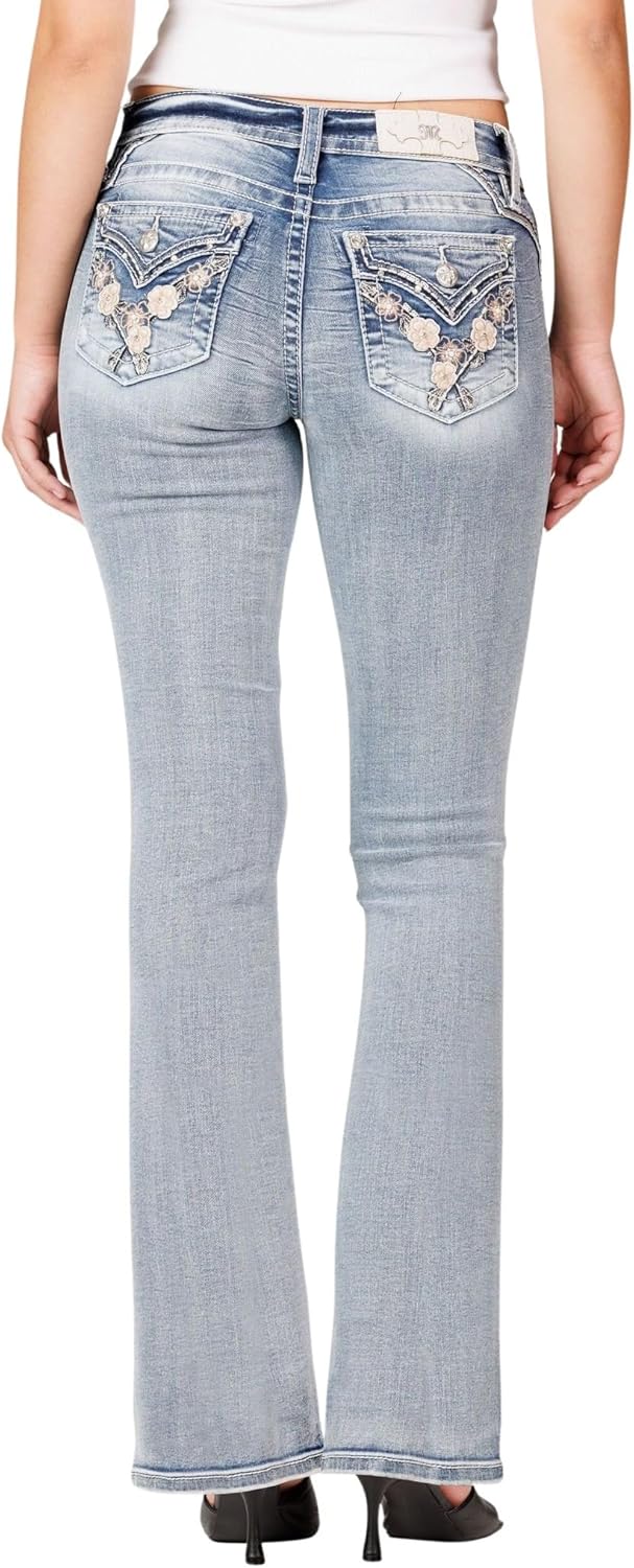 Miss Me Women's Floral X-Stitched Faux Flap Pockets Mid-Rise Bootcut Jeans