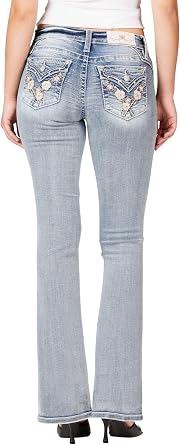 Miss Me Womens Floral X-Stitched Faux Flap Pockets Mid-Rise Bootcut Jeans