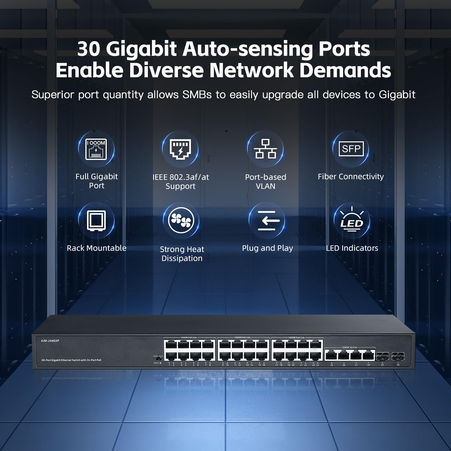 Binardat 30 Port POE Switch, 24 POE+ Ports 100/1000Mbps, 4 Gigabit Uplink, 2 SFP, IEEE802.3af/at, 450W Internes Netzteil, Metallgehäuse Unmanaged Plug and Play RackMount