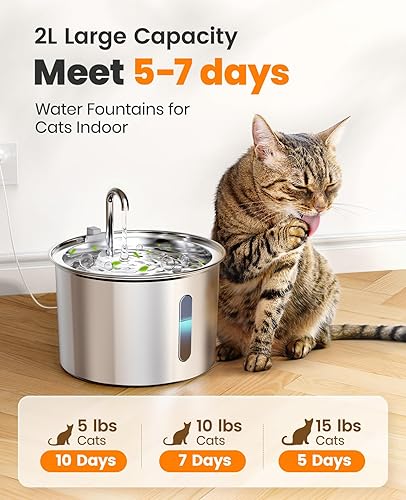 Miniatura 2 de oneisall Fuente de agua para gatos de acero inoxidable, fuentes de agua de 2 litros para gatos en interiores con bomba silenciosa y 3 filtros de