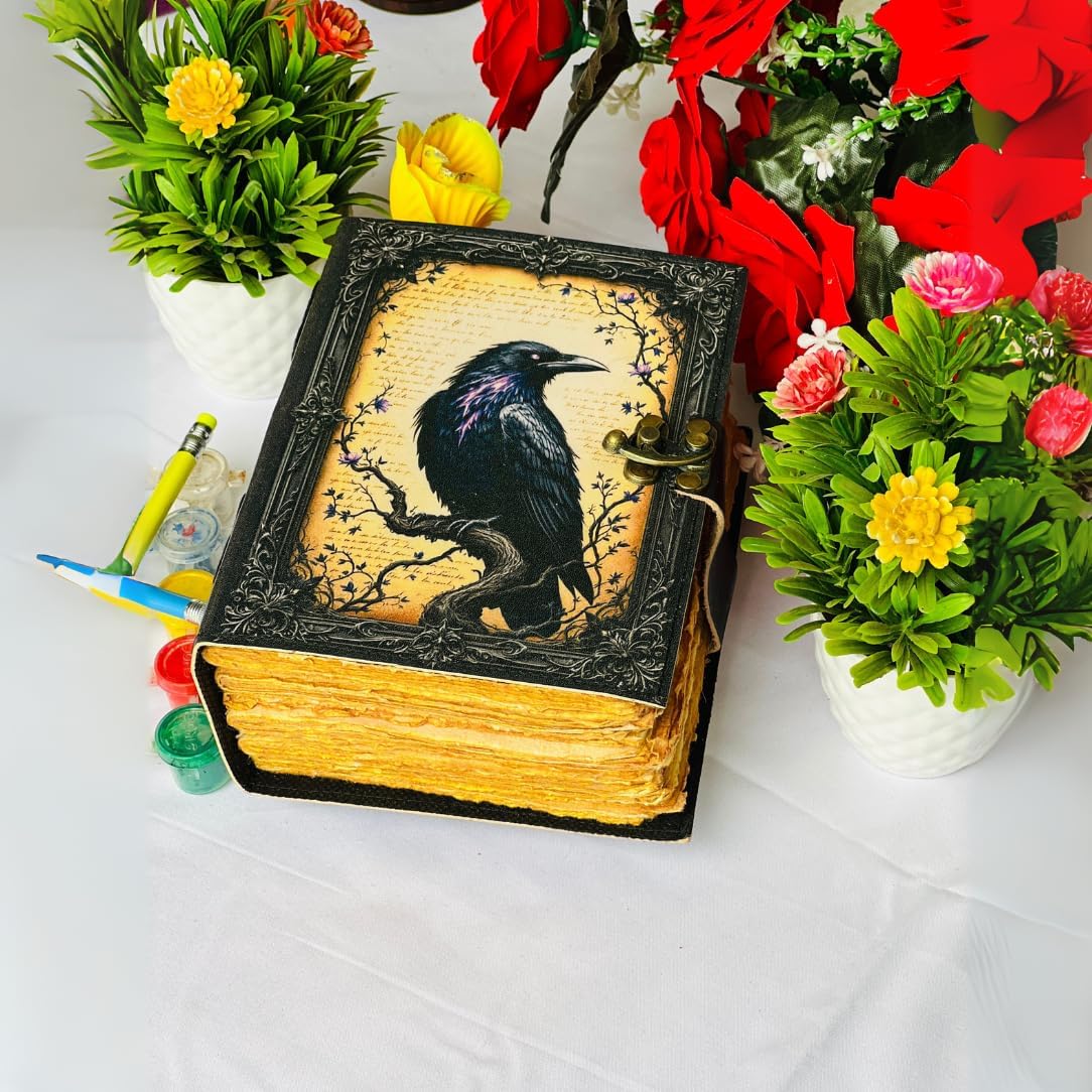 Goth Gifts Raven Crow Leather Journal for Men & Women With Lock, 400 Witchcraft Supplies Books Witchy gifts for women black Grimoire Journal Spell Book Leather Bound Notebook Diary For Halloween Raven