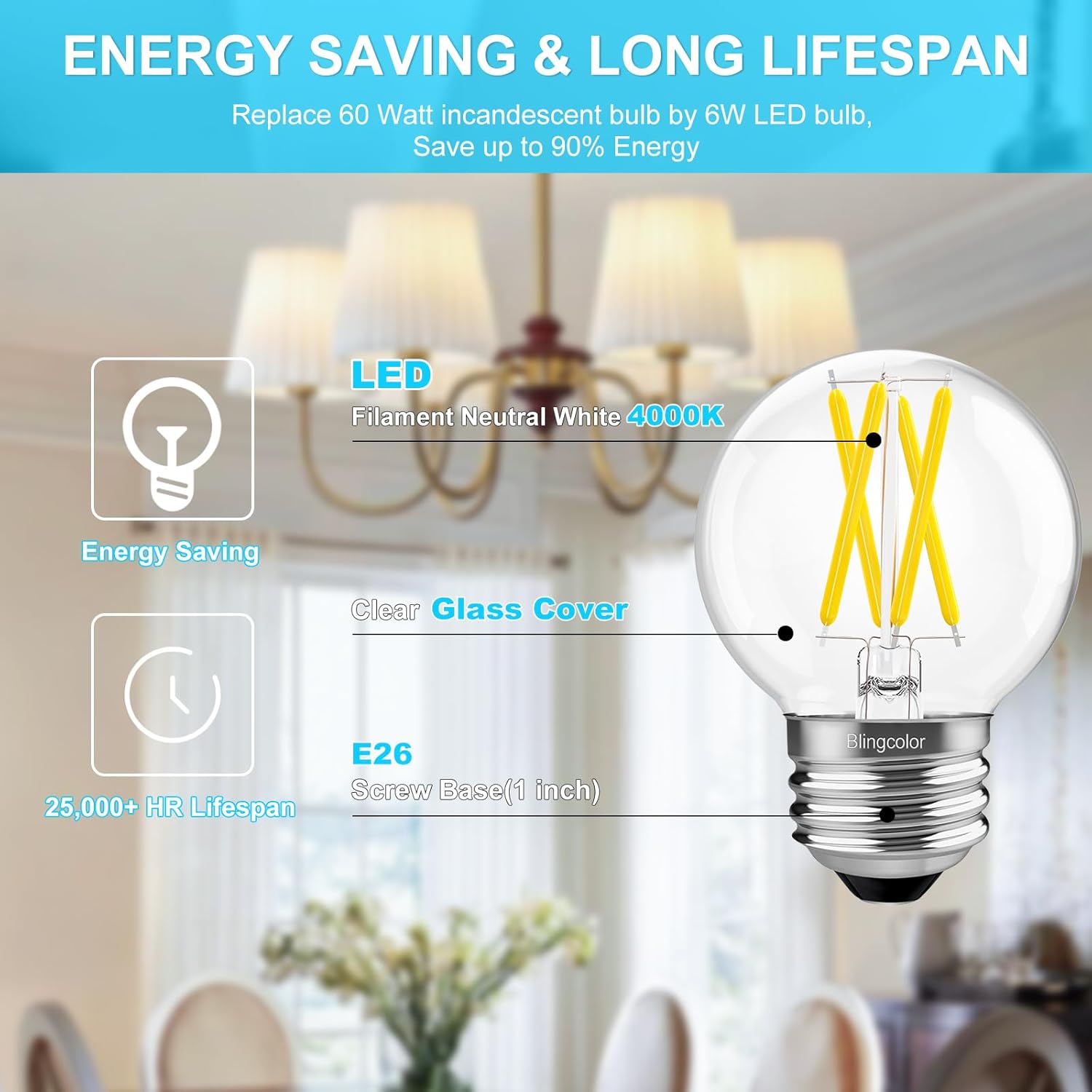 6 PACK G16.5 LED Bulbs 60W, 6W Dimmable G16.5 Globe E26 LED Light Bulb, E26 LED Bulbs 60 Watt Equivalent, Neutral White 4000K Small LED Bulb for Ceiling Fan, Chandelier, Vanity, CRI80+, AC120V, 600lm