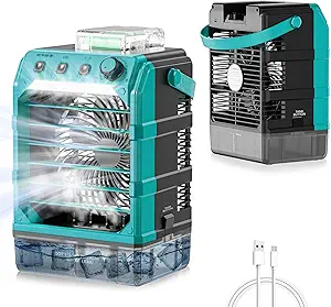 Rozlchar Portable Cooling Fan Compatible for Makita 18V Battery(No Battery) w/USB Input Powered, Outdoor Camping Fan w/Mist, Timing Function, 1600mL Water Tank & LED for Home, Outside, Camping