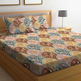 LOOMLYFE 300 TC Cotton Feel Glace Cotton Elastic Fitted Printed King Size Double Bed Bedsheet with 2 Pillow Covers Fits Upto 8 inches Mattress, Size- 72X78 Inches, MixGarden, MixGarden, multicolor