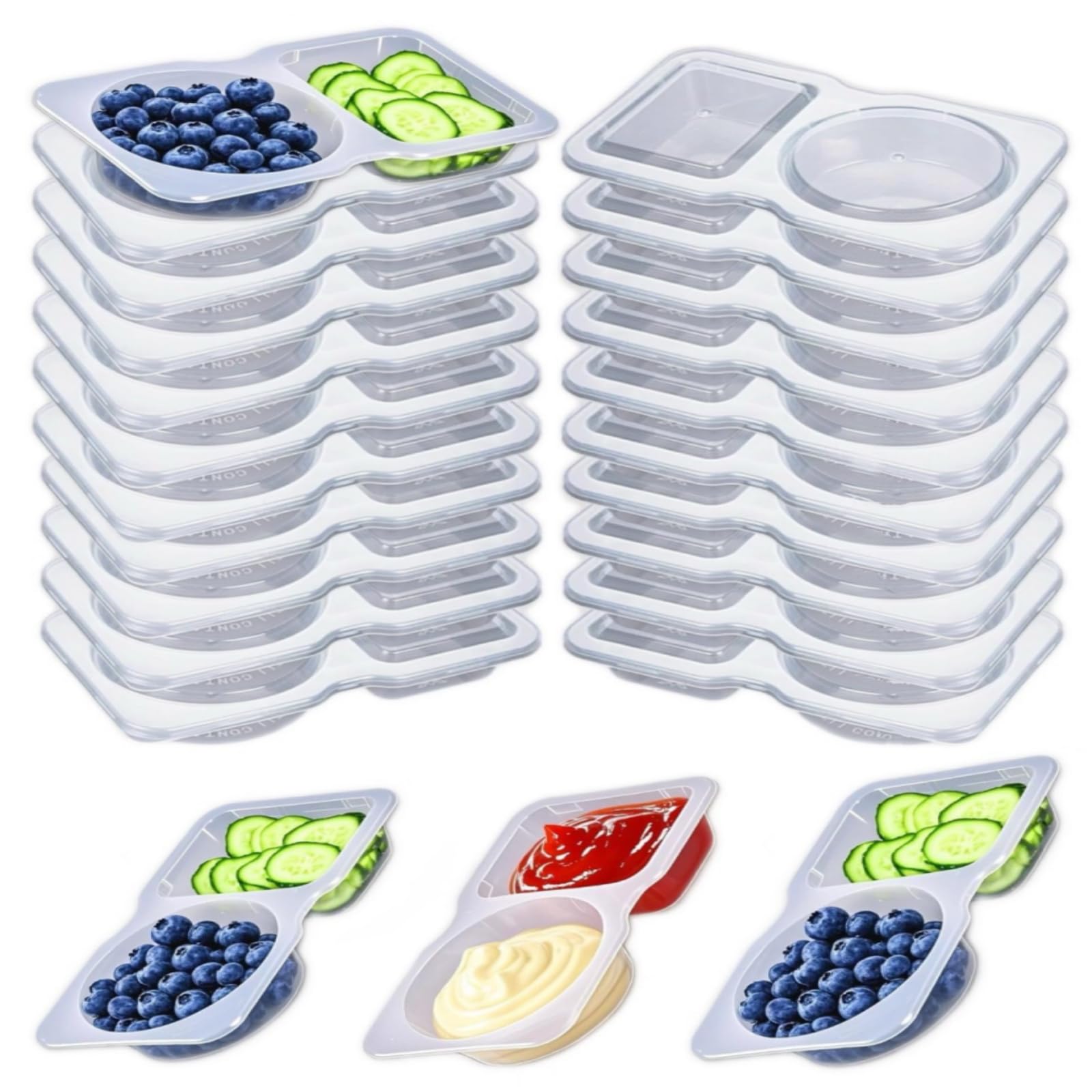 Paquete de 20 recipientes desechables para aperitivos con tapas, caja Bento y tazas de salsa, aptos para lavavajillas y apilables,