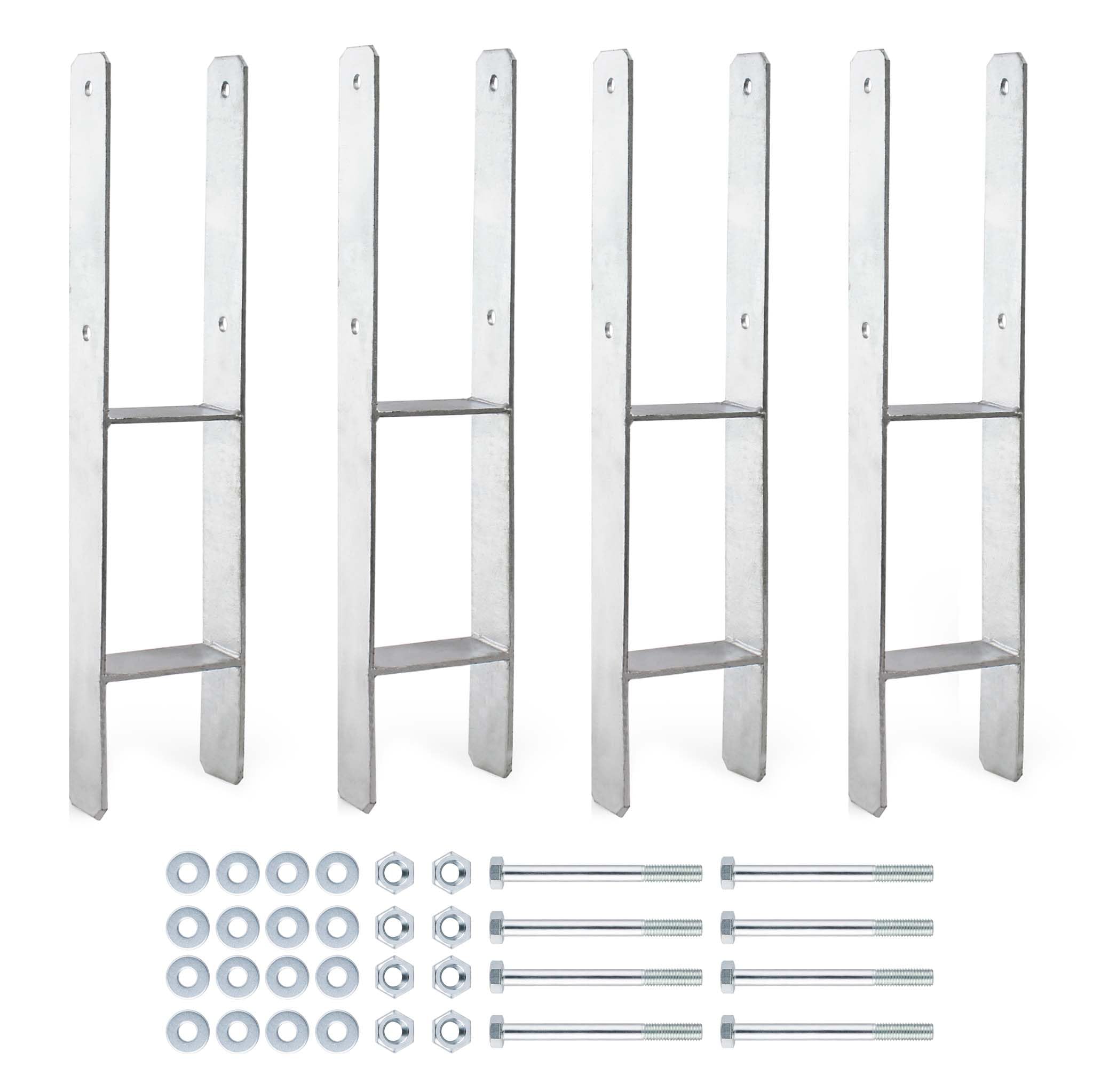 XPOtool Supporto per pali zincato a caldo 91 x 600 mm 4 pezzi, staffa portapalo a H in acciaio al carbonio, fissaggio pali con fori M10 x 140, porta palo con 4 rinforzi