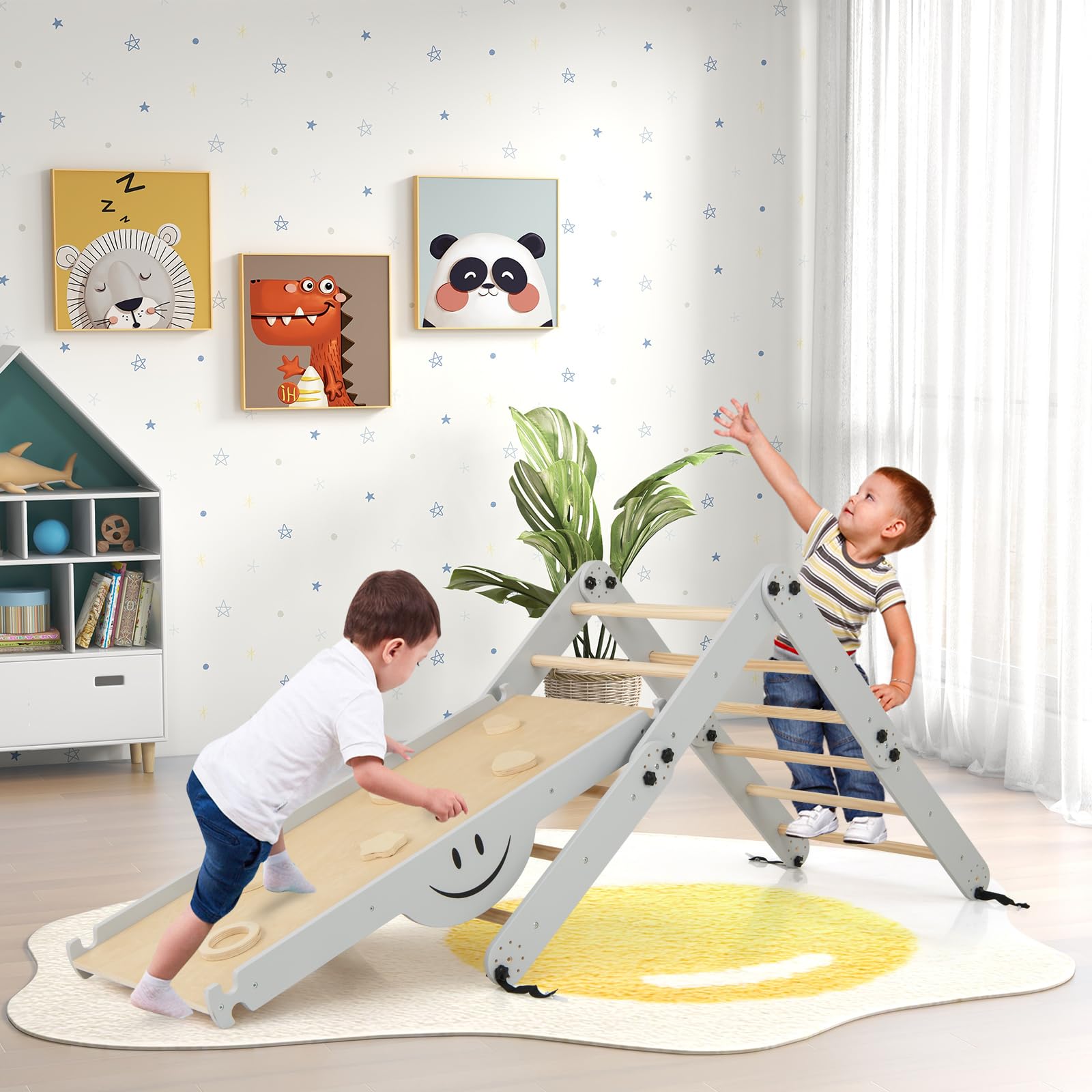 COSTWAY Juego de Escalada Montessori, Escalador de Madera Plegable con Rampa Ajustable y Reversible, Rocas de Escalada Coloridas y Balancín, Gimnasio de Escalada Interior para Niños (Gris)