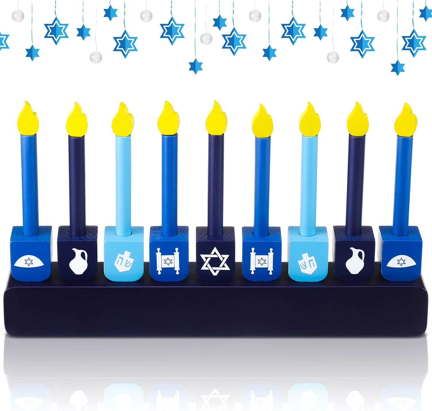 Newtay Hanukkah Menorah with 9 Removable Candles Wooden Menorah for Chanukah Decorations Crafts Centerpiece Jewish Holiday(Blue)