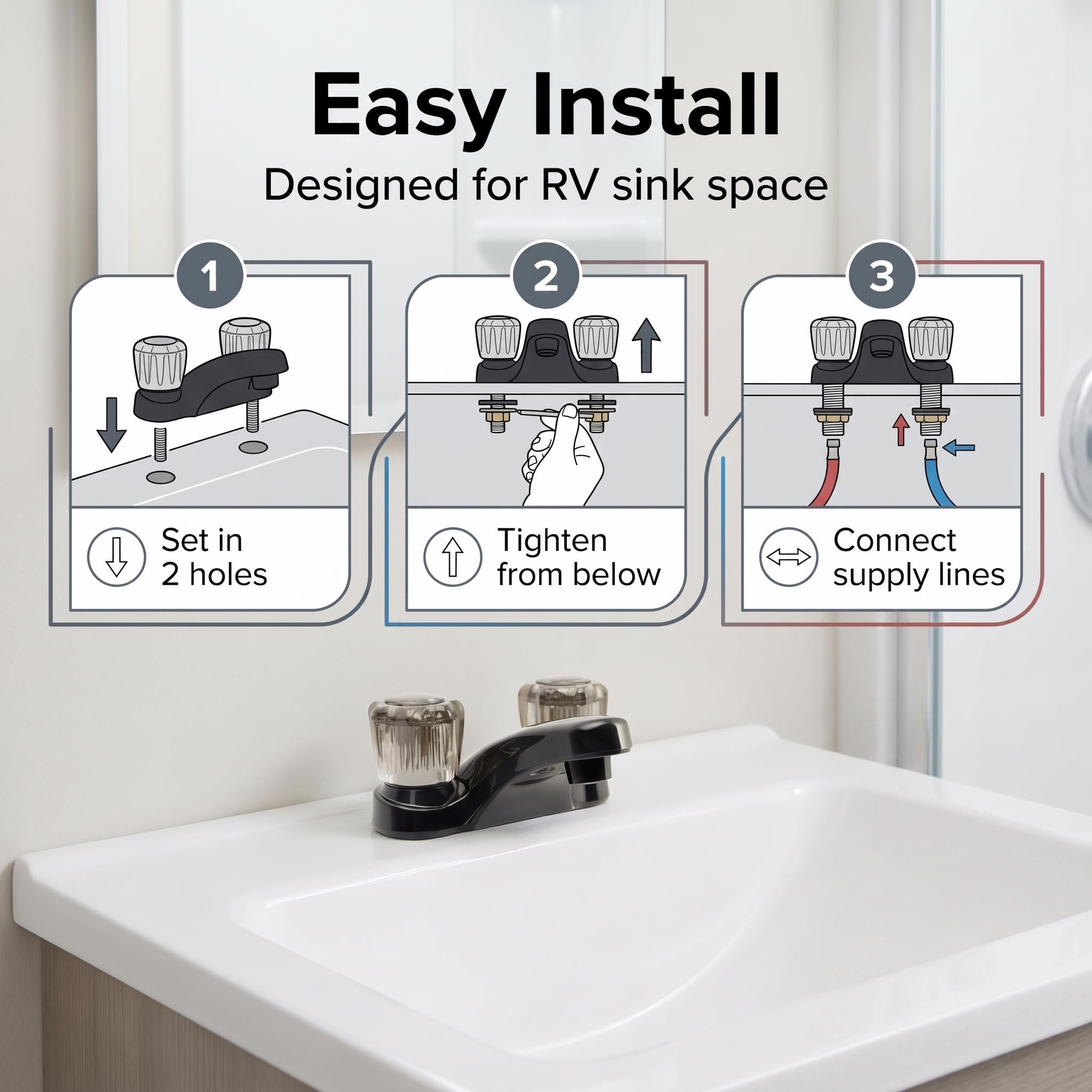 Dura Faucet Grifo de lavabo RV con pomos acrílicos ahumados, color negro