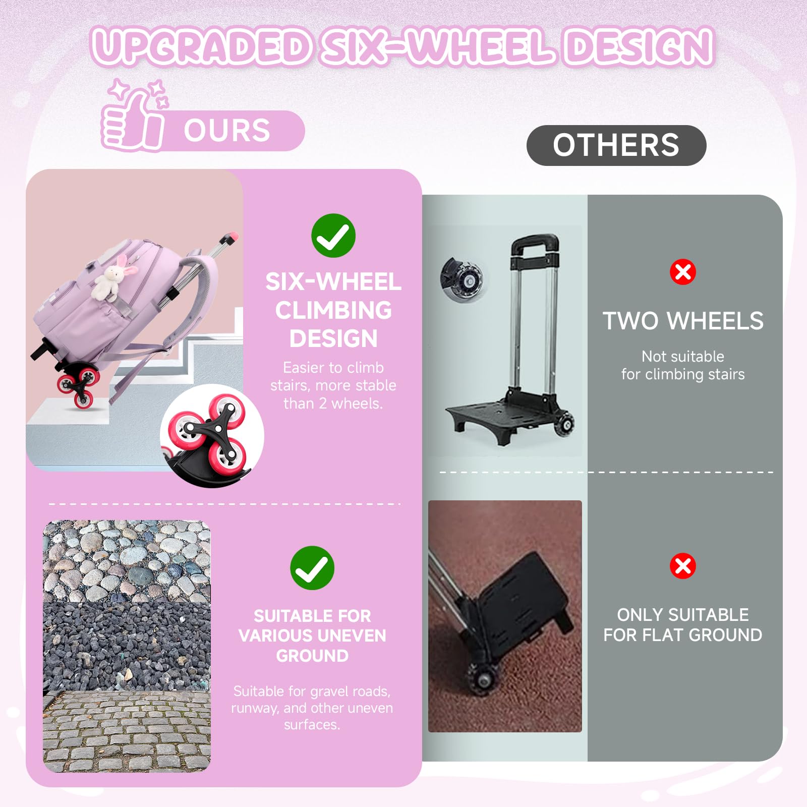 Amythe Mochila Escolar con 6 Ruedas para Niñas con Colgante, Morado | Mochilas con Carro para Chicas de Primaria y Secundaria, Mochila Colegio con Ruedas para Adolescentes, Vuelta al cole