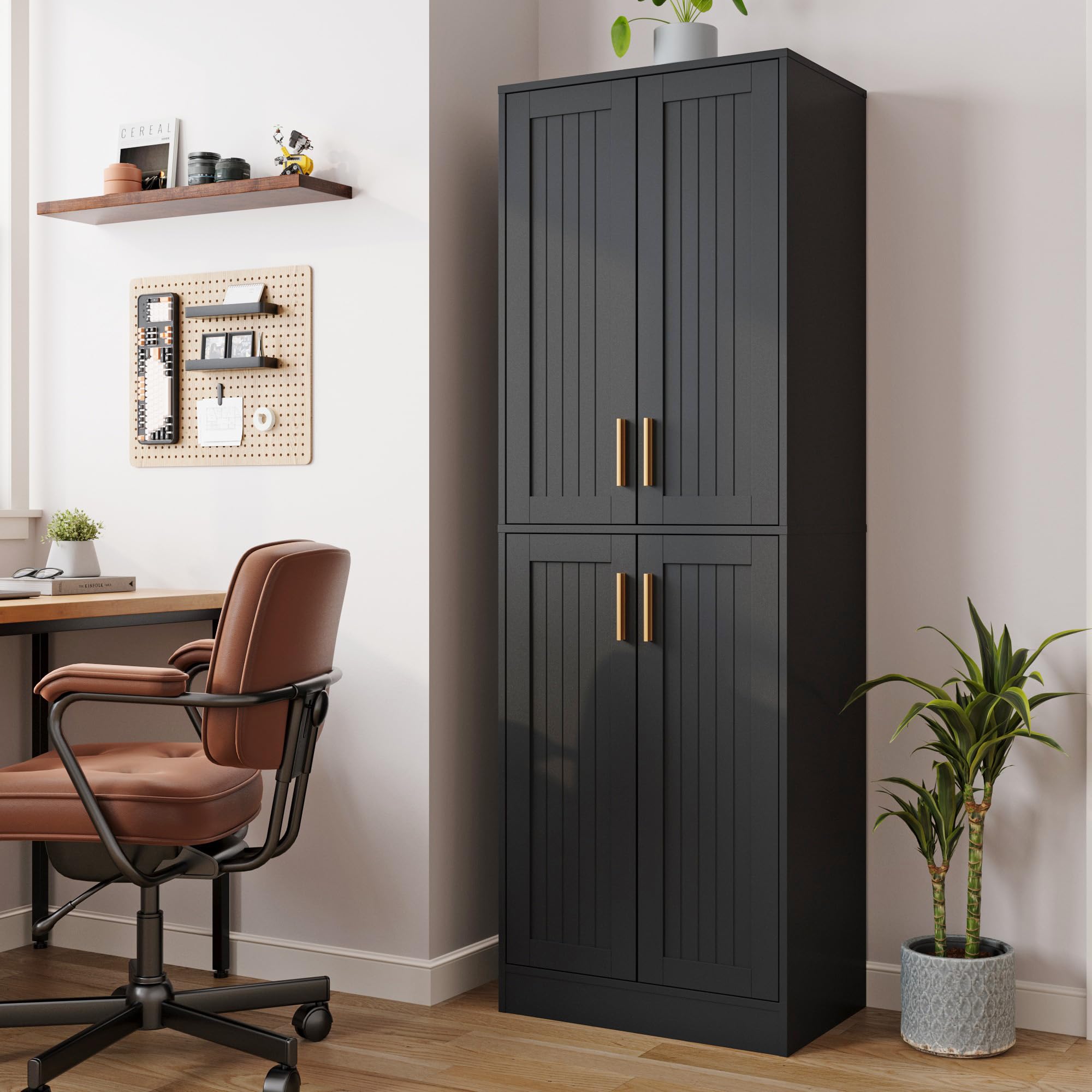 Armario de cocina alto de madera multifuncional con 4 puertas y estantes negros