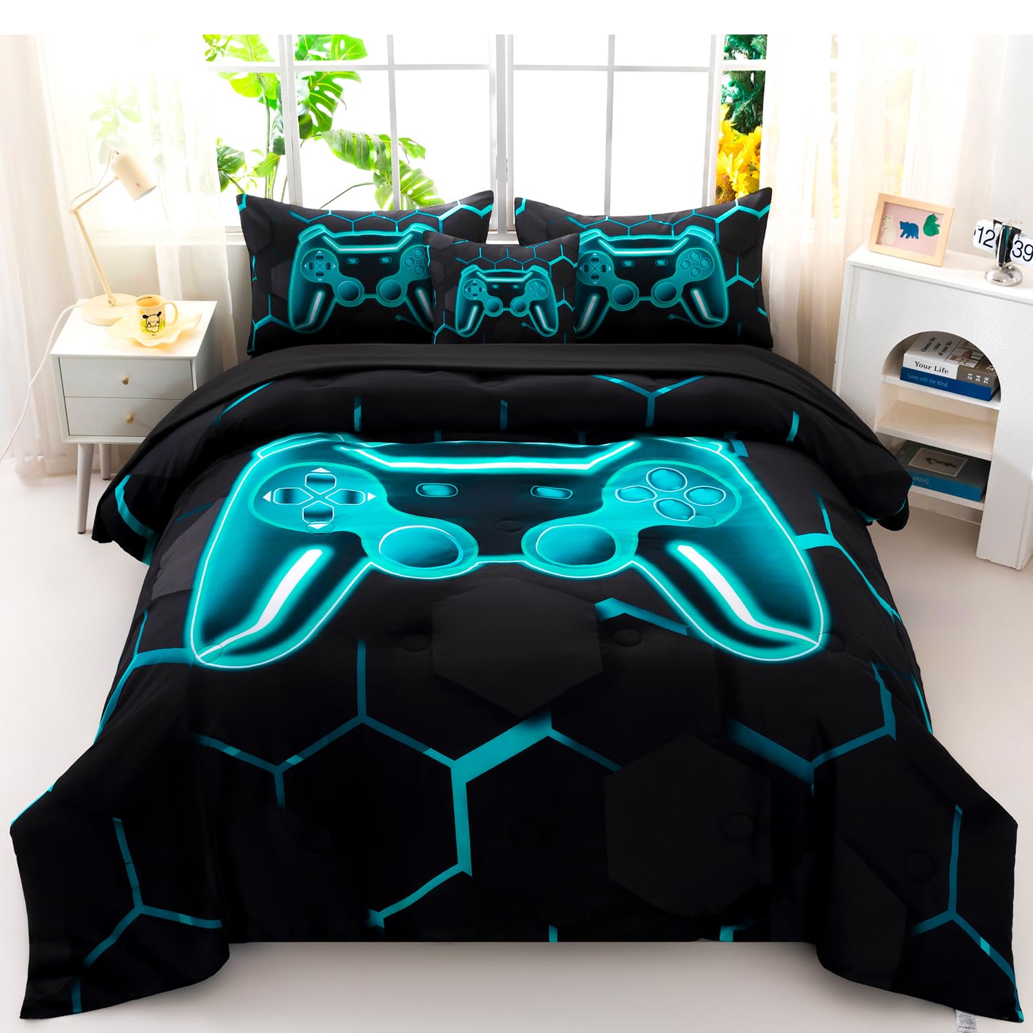 BYHOFMLY Gamer Queen Comforter Set with Sheets 6Pcs Teal Gaming Boys Bedding Set Lake Blue 3D Game Console Bed in A Bag Gamepad Print Honeycomb