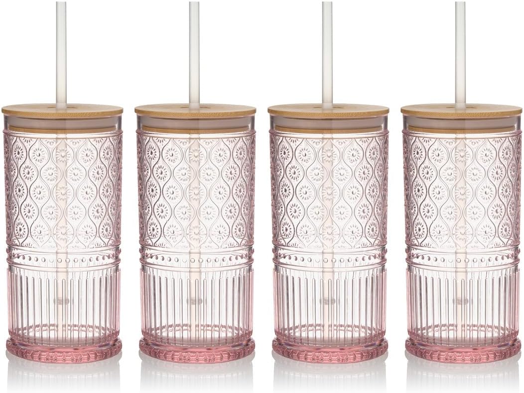 Godinger Drinking Glasses with Lids and Straws, Acrylic Tumbler Cups with Lids Drinking Set, Tall Plastic Cups with Straws, Vintage Decor - Blush, 19oz, Set of 4