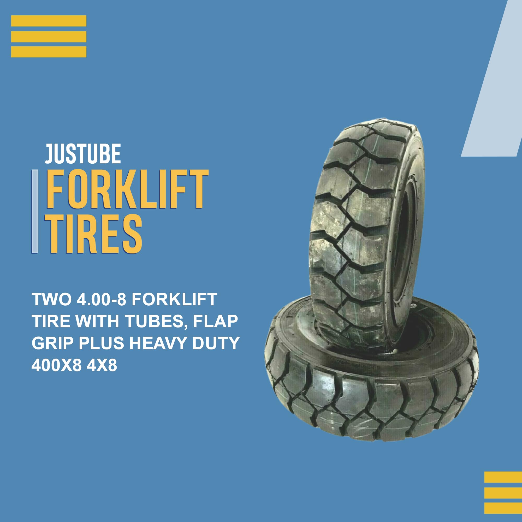 Two 4.00-8 Forklift Tire with Tubes, Flap Grip Plus Heavy Duty 400x8 4x8, Includes Tubes and Flap Grip Plus for Superior Traction and Reliability in 400x8 4x8 Size