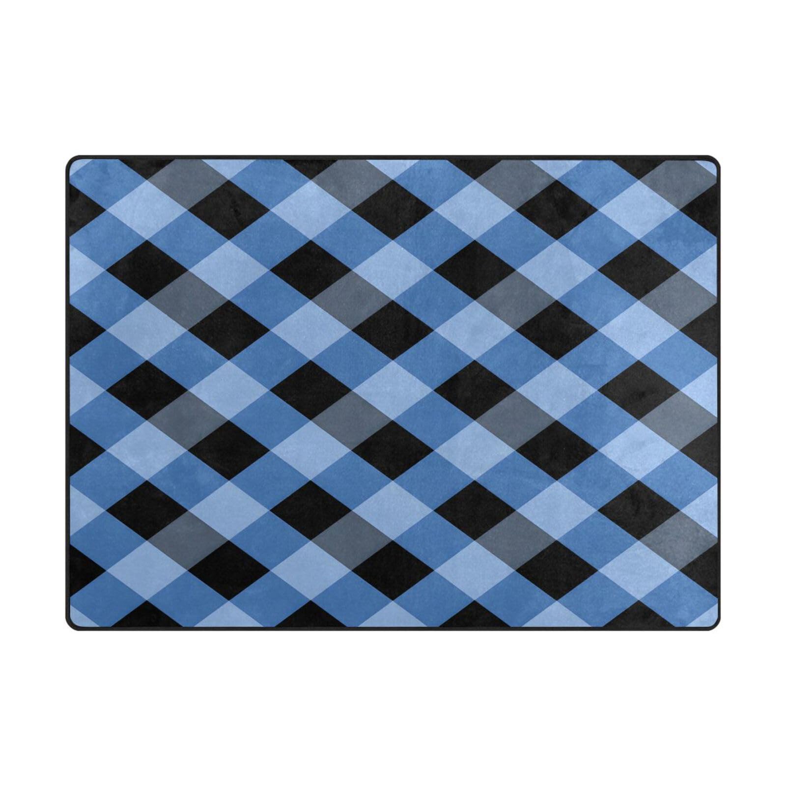 Tapis de sol contemporain bleu et noir avec motif carreaux sans couture
