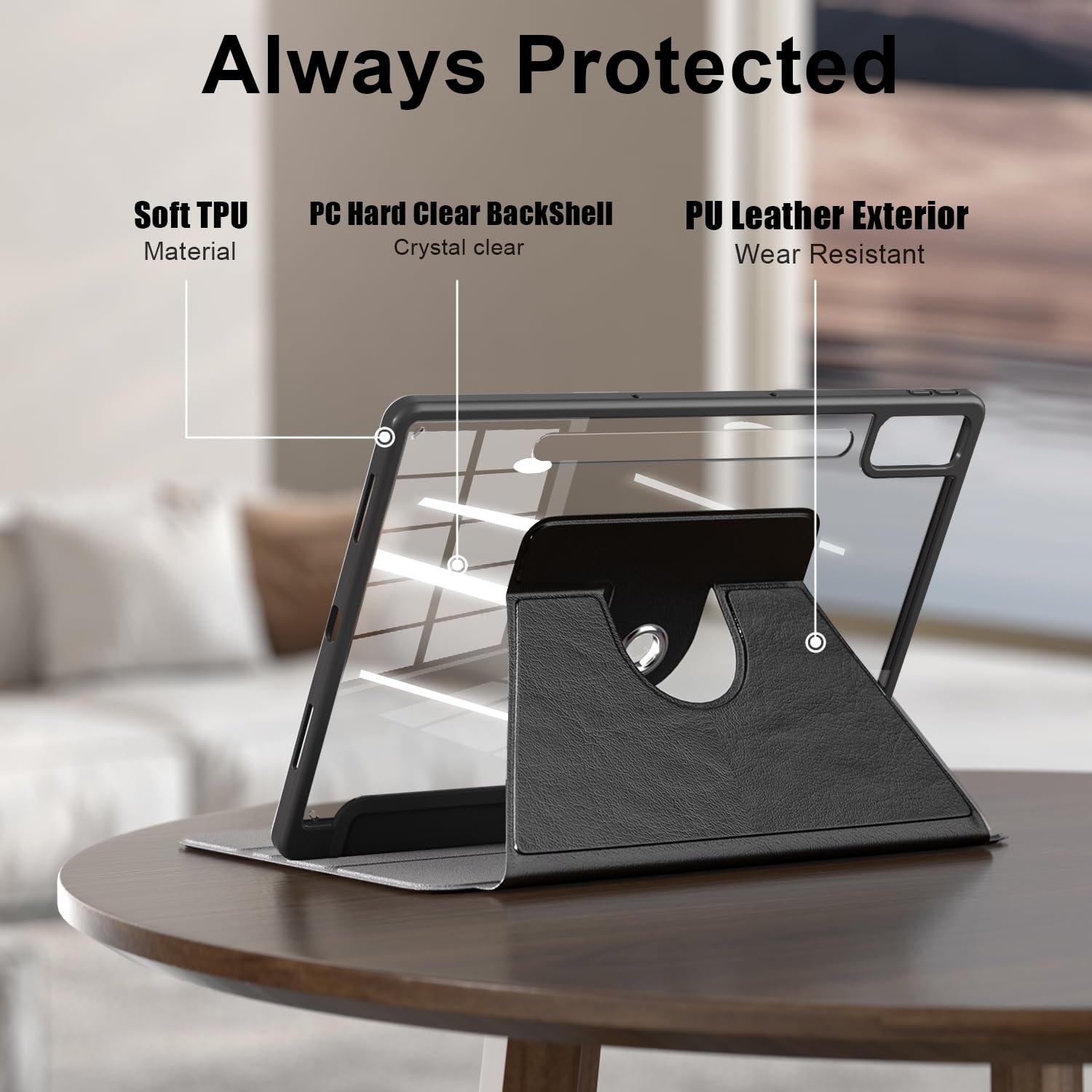 Funda Compatible Con Lenovo Tab M11 11 Pulgadas Tablet Case 360 Grados Rotación Multi-Viewing Angels PU Cuero Stand Folio Cover Negro