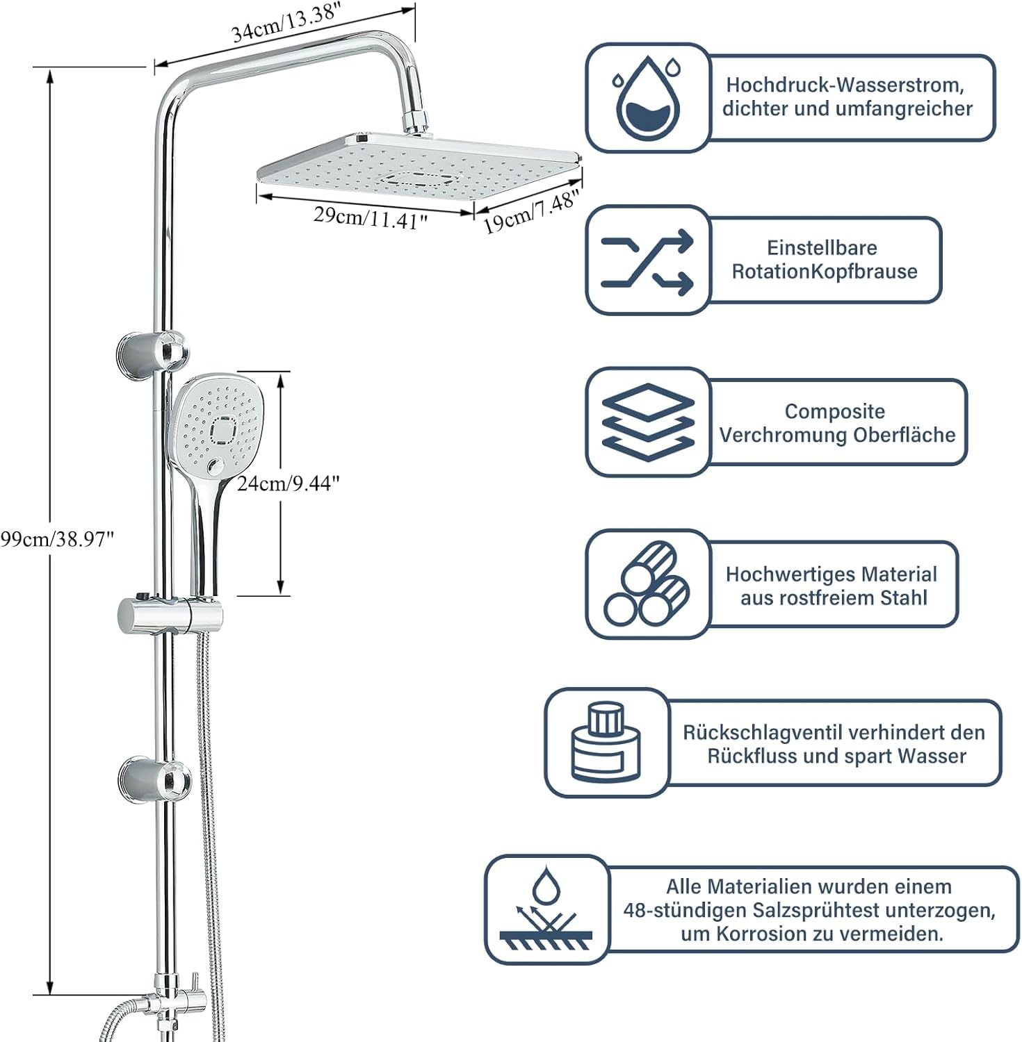 Sistema doccia cromato regolabile in altezza Doccia a pioggia con soffione a pioggia Soffione doccia e doccetta completa per bagno