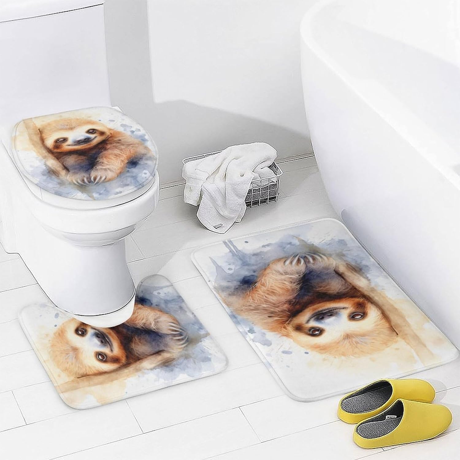 4 Pcs Tree Branch Sloth Shower Curtain Set with Non-Slip Rug, Toilet Lid Cover, Bath Mat Watercolor Cute Animals Shower Curtain with 12 Hooks for Bathroom Decor