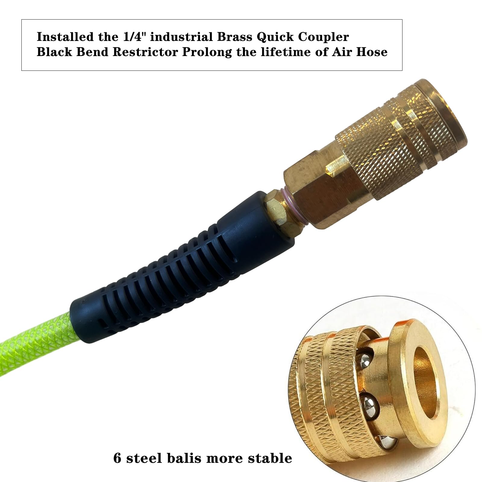 1/4" X 100 Ft Polyurethane Air Hose - 300 PSI, Kink Resistant With Quick Coupler & Bend Restrictors (Green)