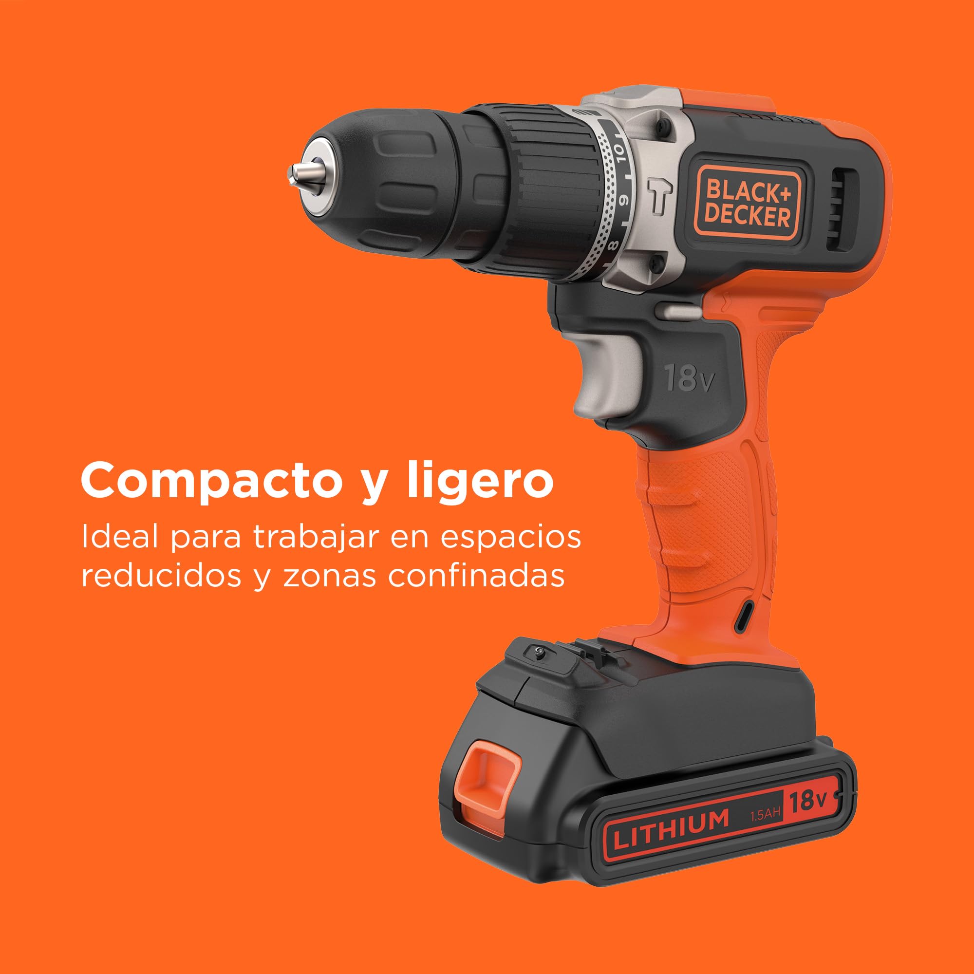 BLACK+DECKER Taladro percutor inalámbrico de 18V y 2 velocidades con dos baterías de 1,5Ah y cargador de 400mA, par de 45Nm, luz de trabajo LED y maletín, BCD003C2K-QW