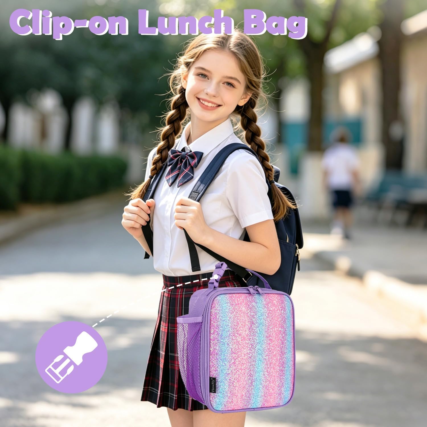 FlowFly Lunch box Insulated Soft Bag Mini Cooler Back to School Thermal Meal Tote Kit for Girls, Boys,Purple#Glitter image 2