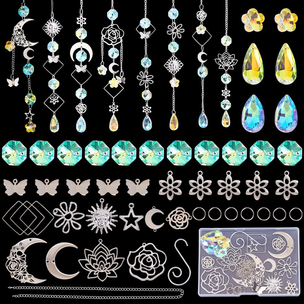 SUNNYCLUE 1 Box DIY 8 Sets Suncatcher Crafts Kit Sun Rainbow Catcher Electroplated Faceted Octagon Ab Color Crystal Beaded Sun Catcher Making Supplies Kits for Indoor Outdoor Window Home Decorations