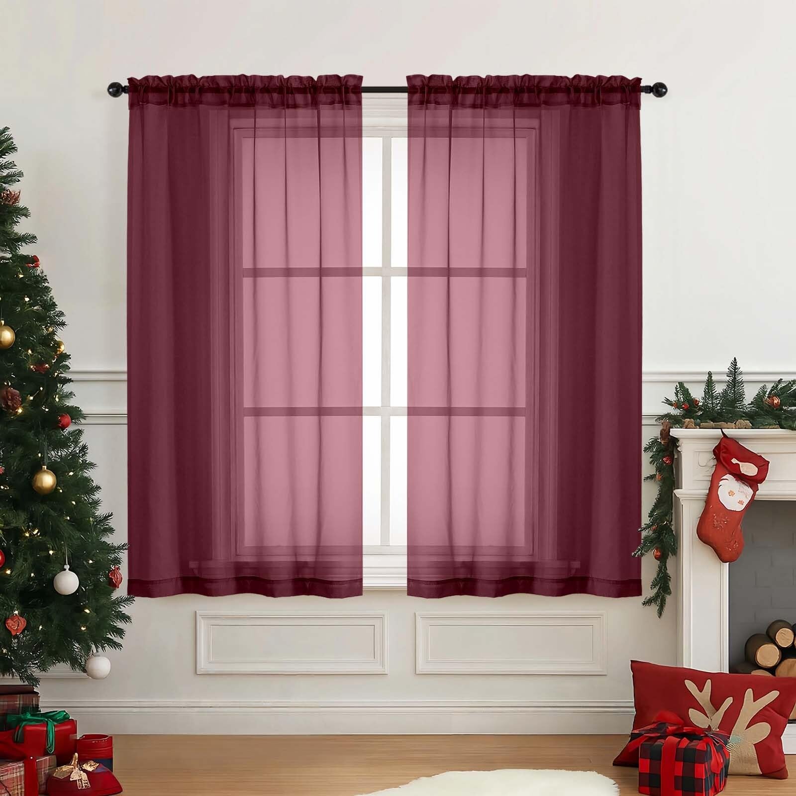 Ebesto Burgundy Window Sheer Curtains 45 Inches Length, Voile Short Curtains for Living Room Bedroom, Modern Soft Window Drapes 2 Panels Set, Top Dual Rod Pocket Design, 2x42Wx45L Inches