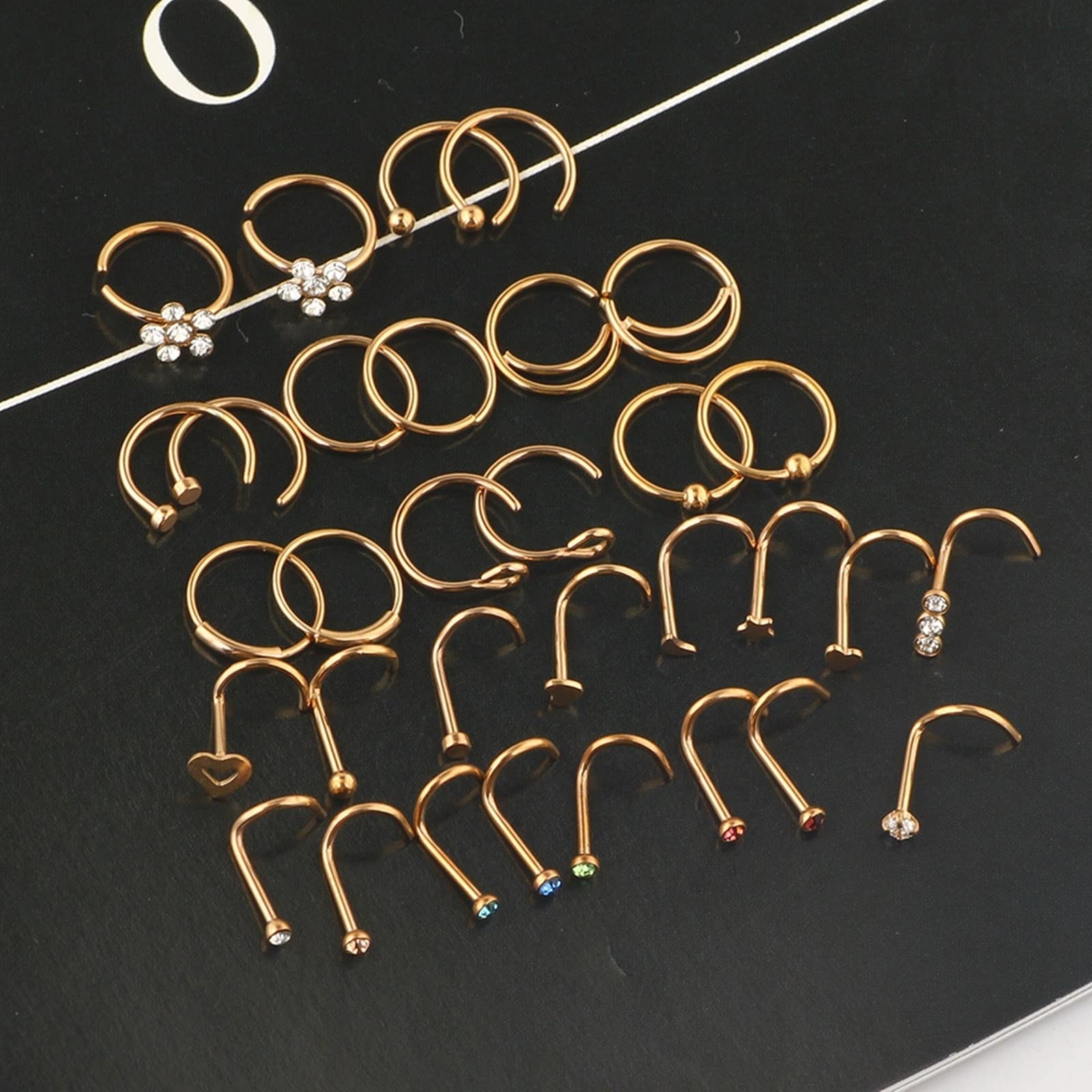 Kolczyk do nosa, biżuteria do piercingu wieży, stal chirurgiczna, 32 szt., grubość 0,8 mm, różowe złoto, cyrkonia, kolczyki i obręcz, gwiazda, serce, biżuteria, prezent, Stal nierdzewna,