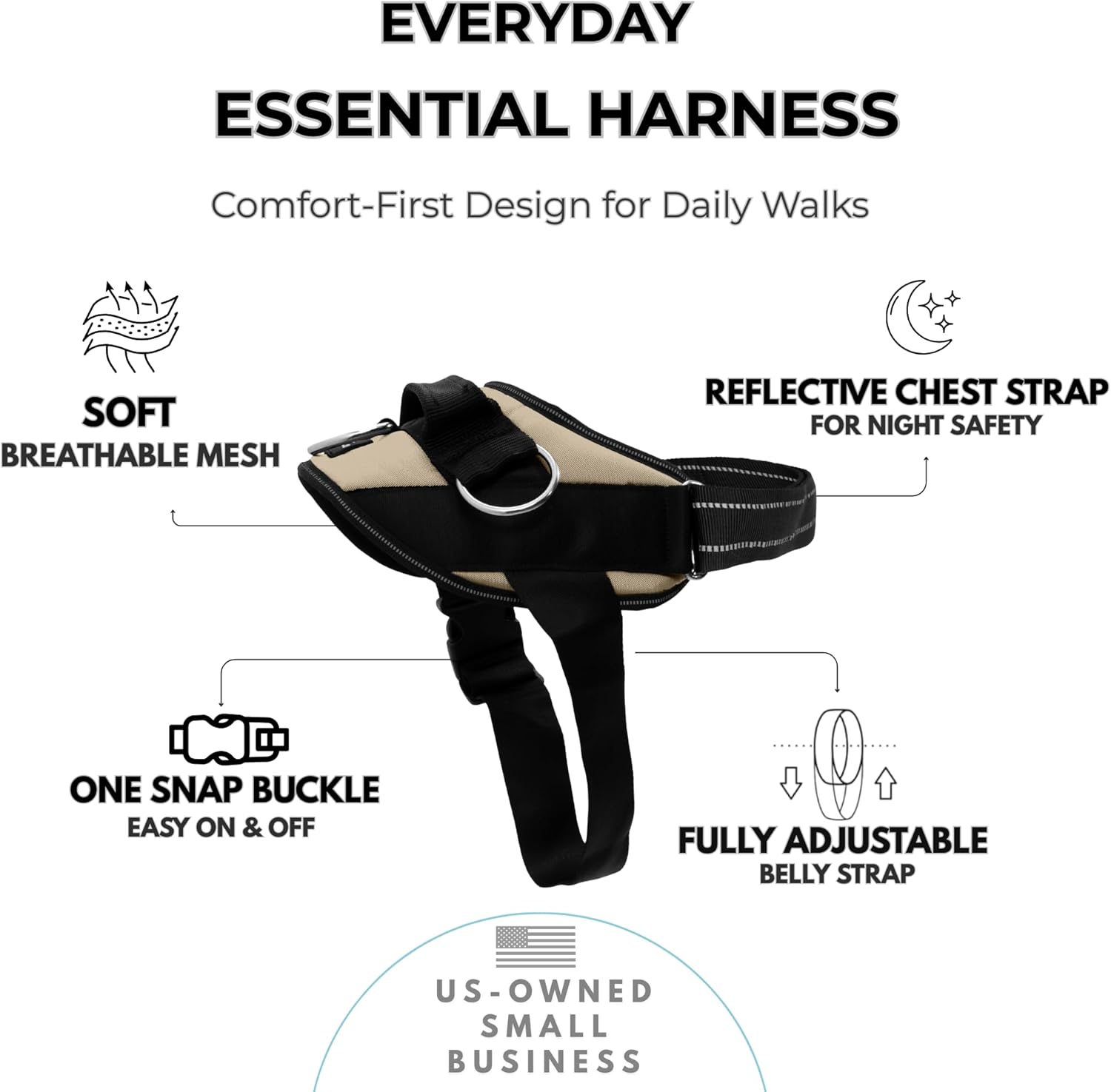 ShawnCo Essential Dog Harness, No-Pull Pet Vest with 3 Leash Clips, No Choke, Reflective, Adjustable and Padded, for Easy Walking and Training for Small, Medium and Large Dogs (Driftwood, S)